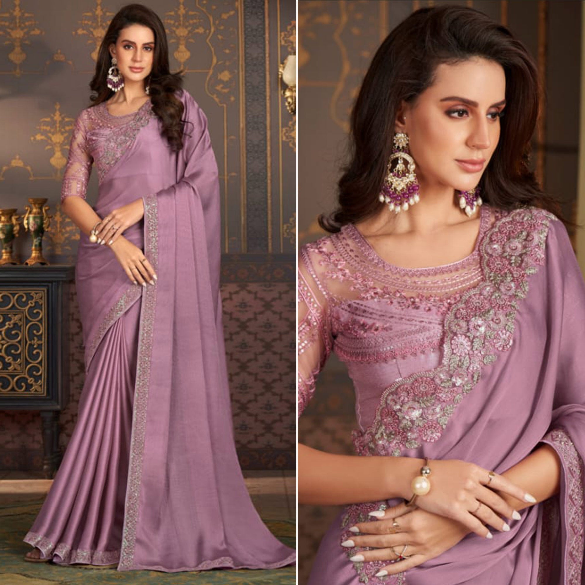 Peachmode Mauve Embroidered Satin Saree – Women's