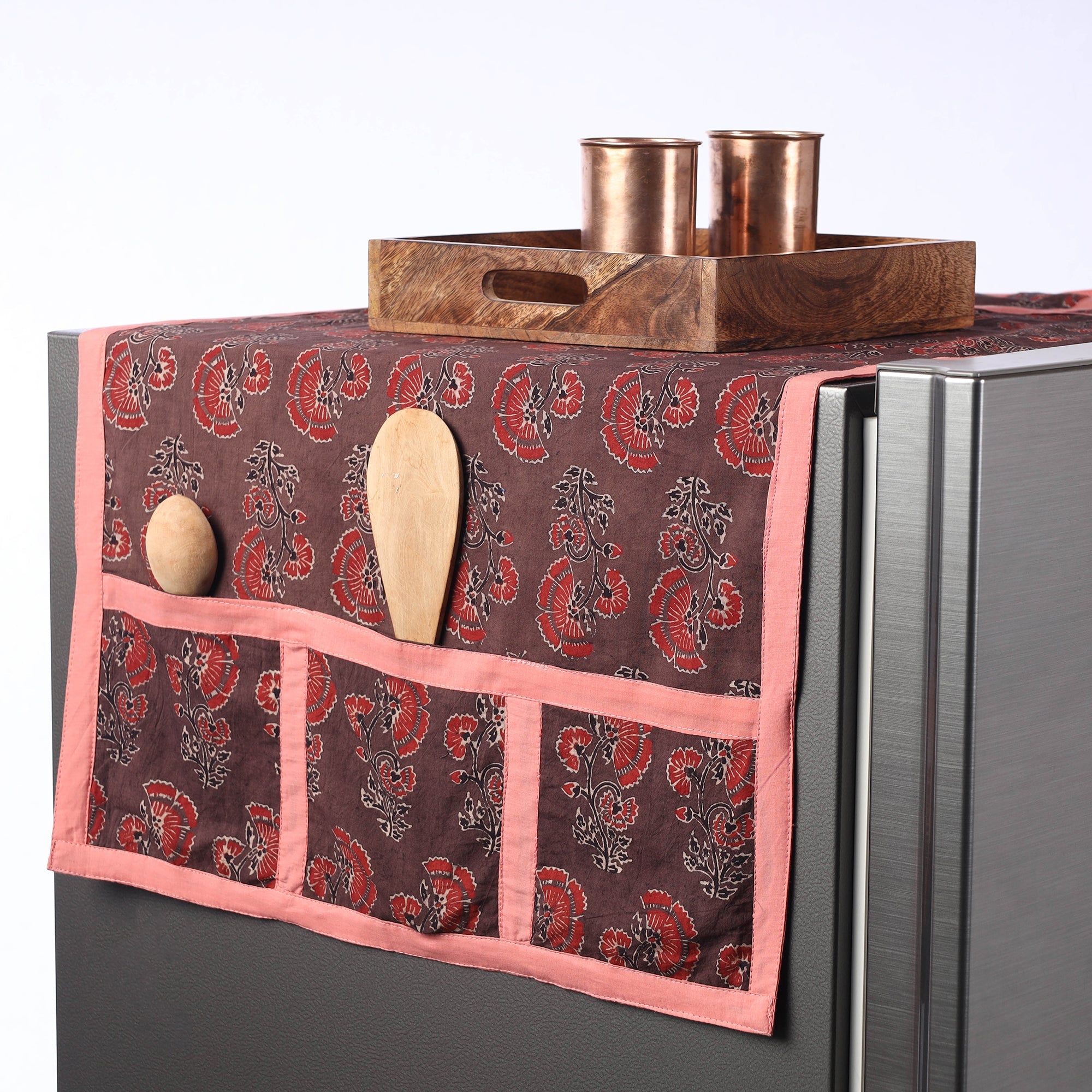 JALPARI Brown - Ajrakh Block Printed Cotton Fridge Top Cover with Multiple Pockets