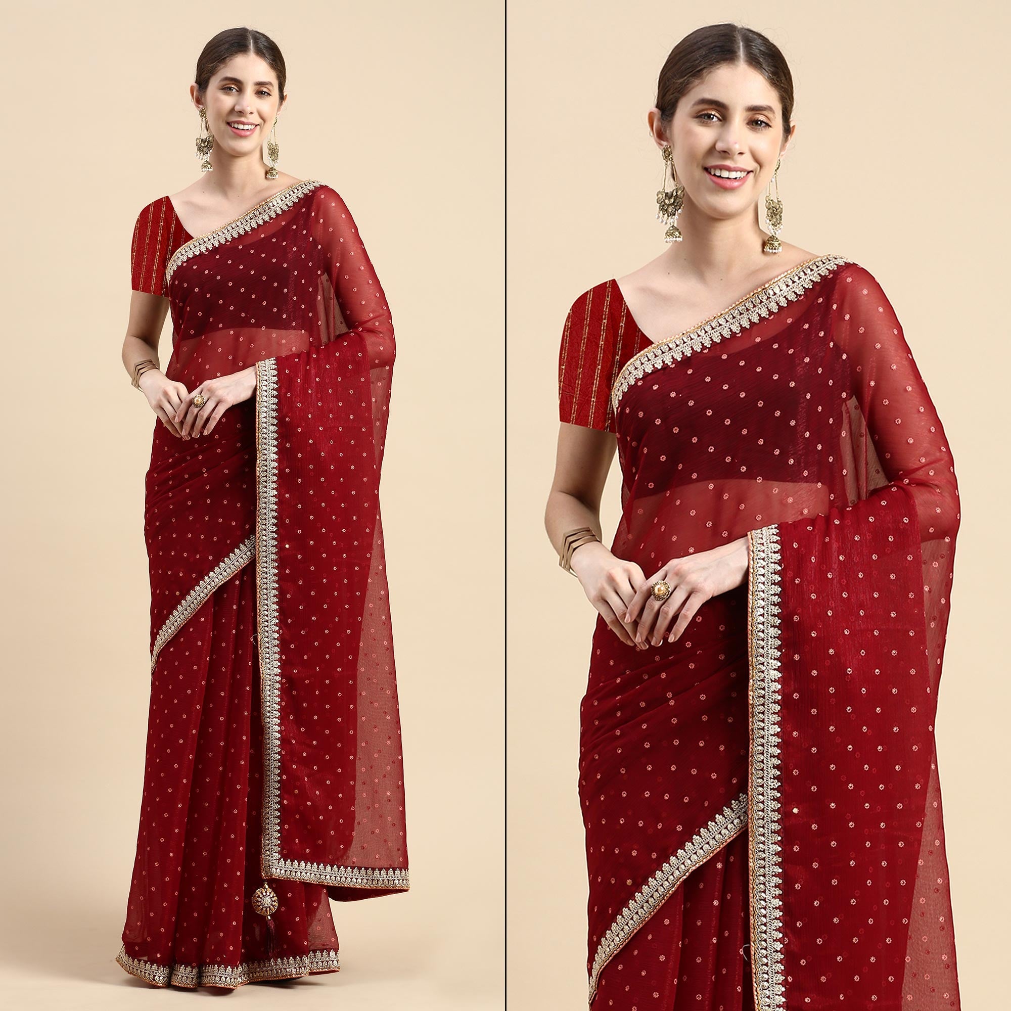 Peachmode Maroon Foil Printed With Embroidered Border Chiffon Saree