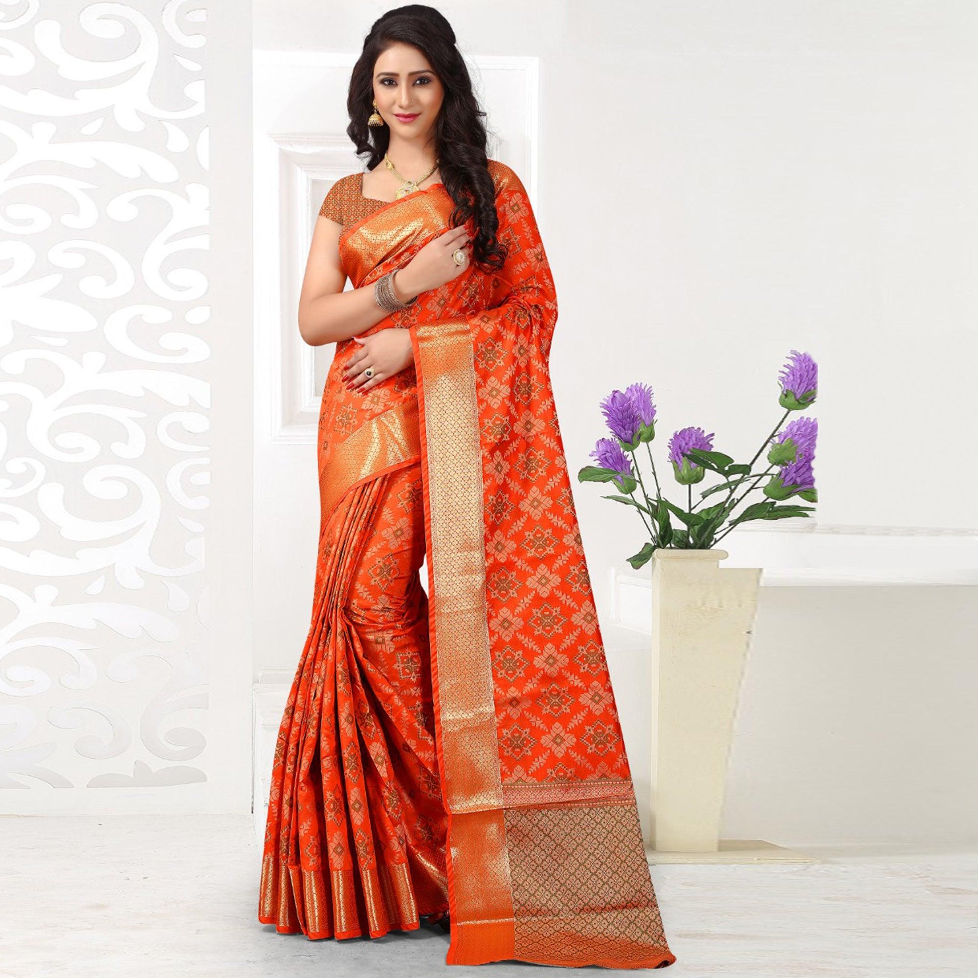 Peachmode Glorious Dark Orange Colored Festive Wear Woven Banarasi Silk Saree