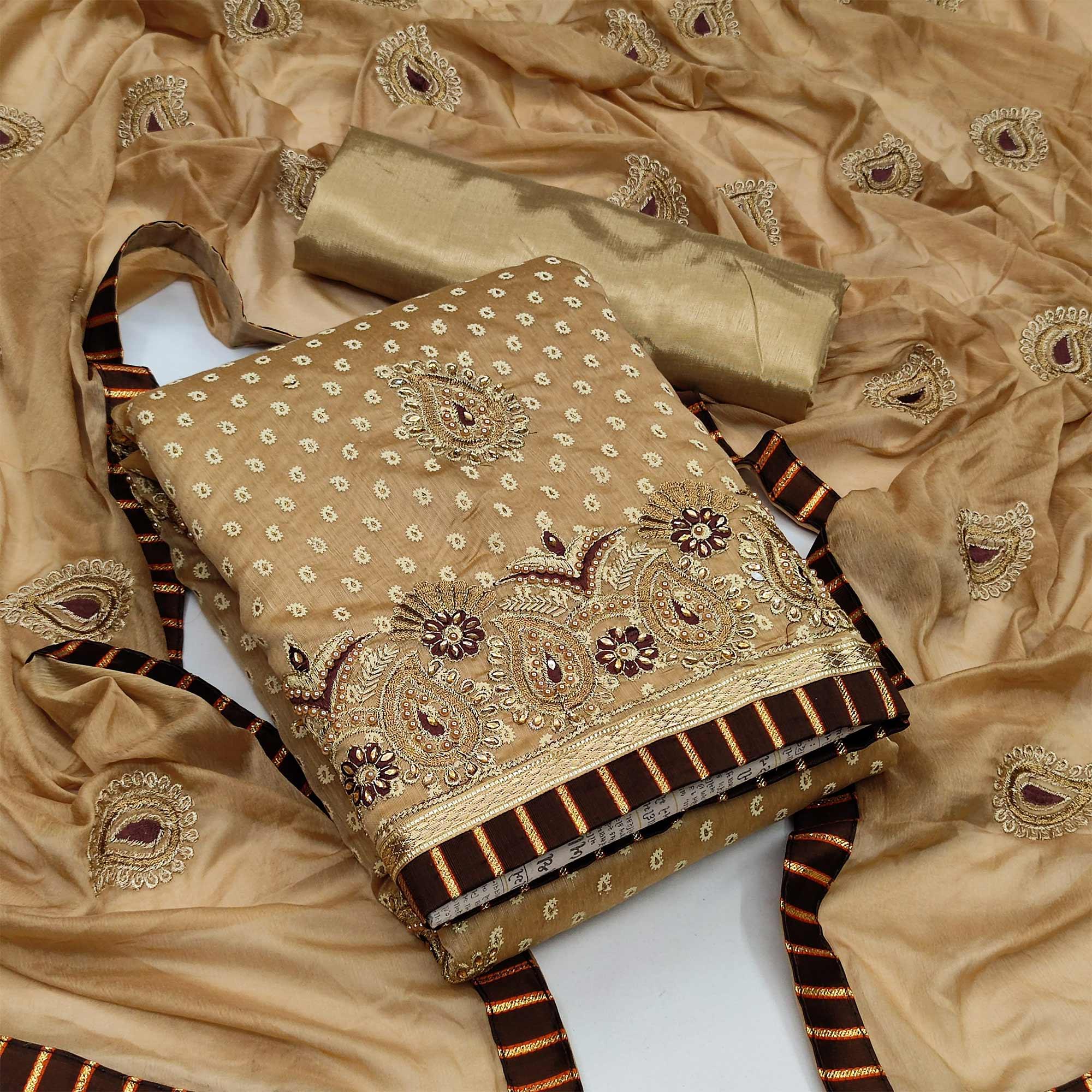 Peachmode Cream Zardosi Work Fancy Fabric Dress Material