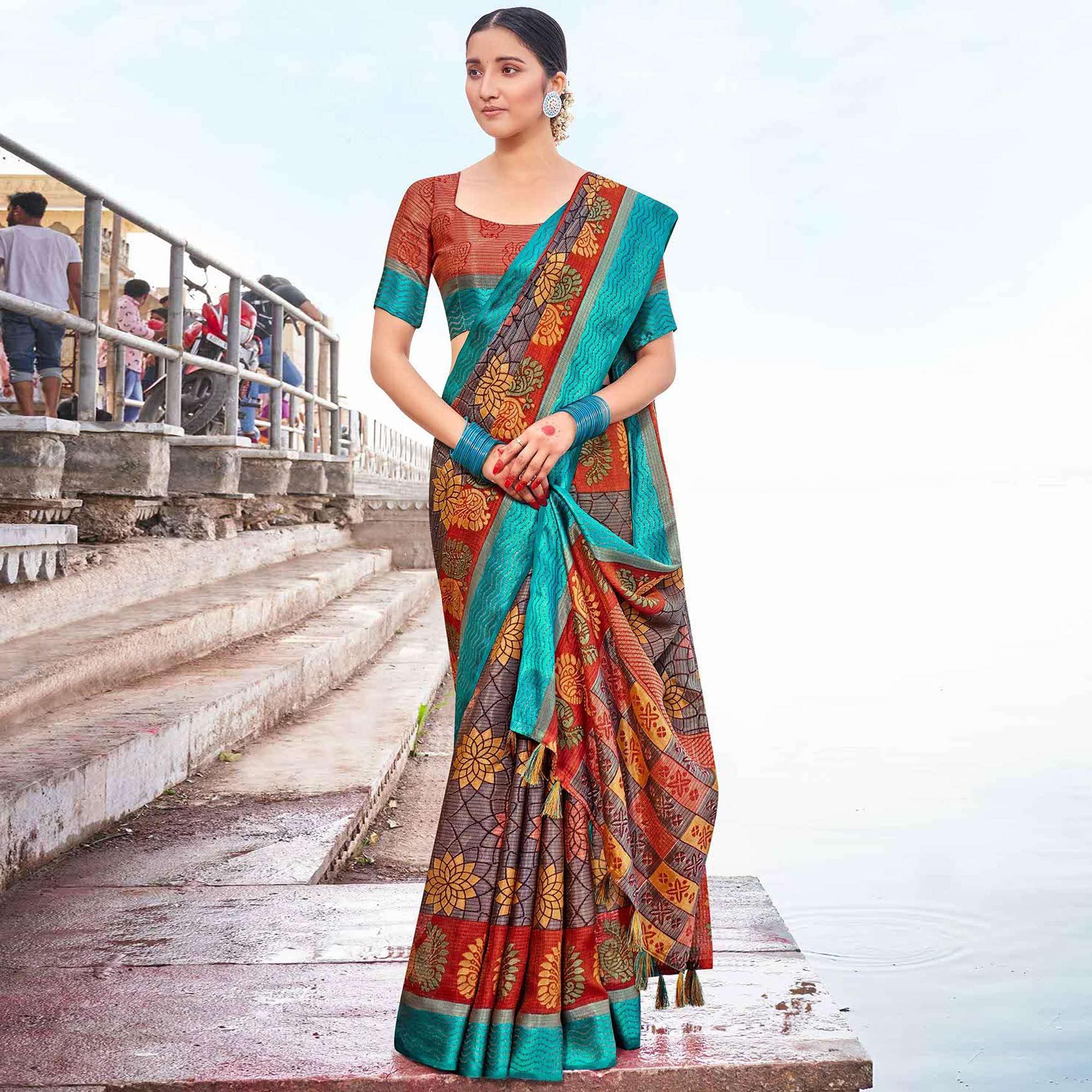 Peachmode Multicolor Festive Wear Printed Brasso Saree