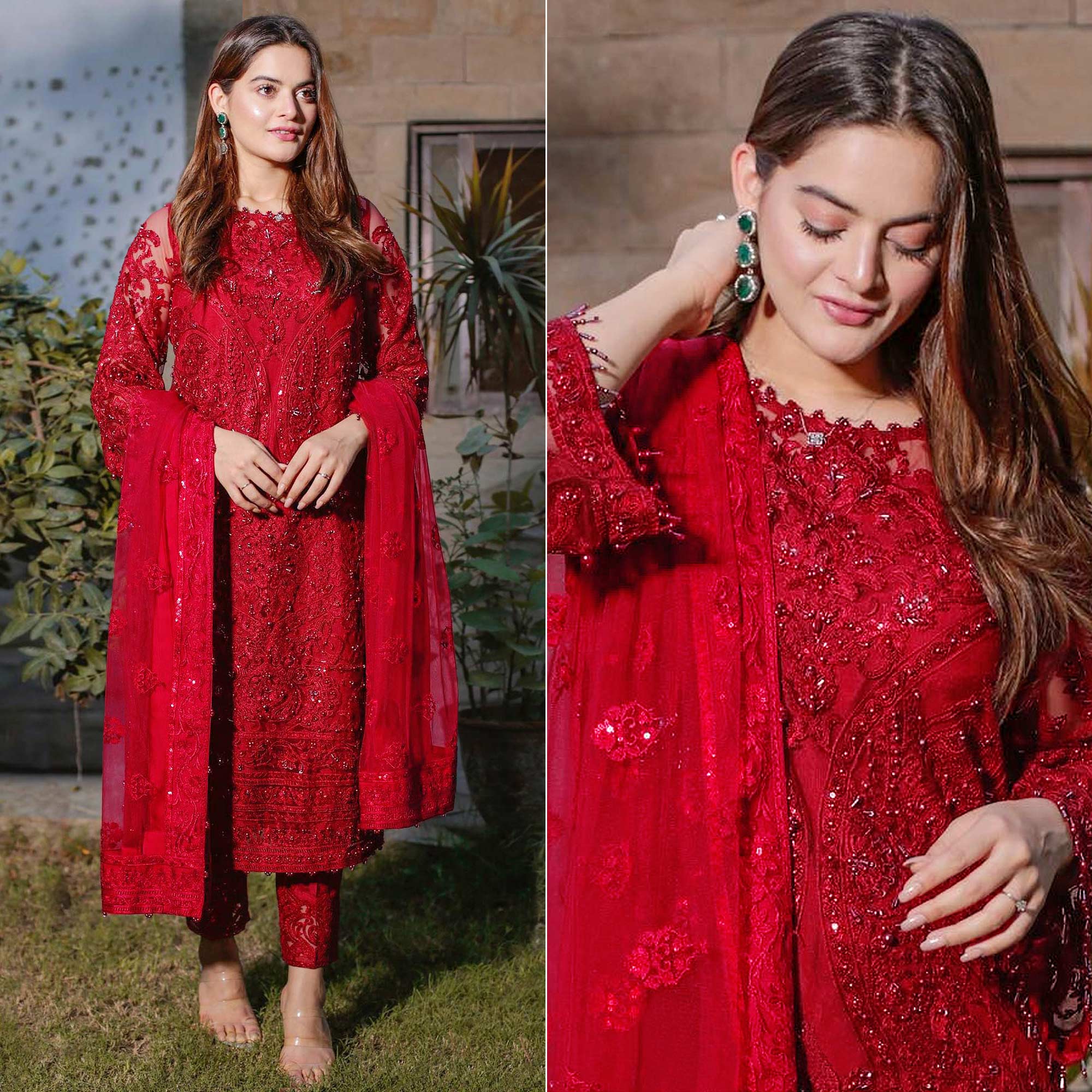 Peachmode Maroon Embroidered Georgette Semi Stitched Pakistani Suit