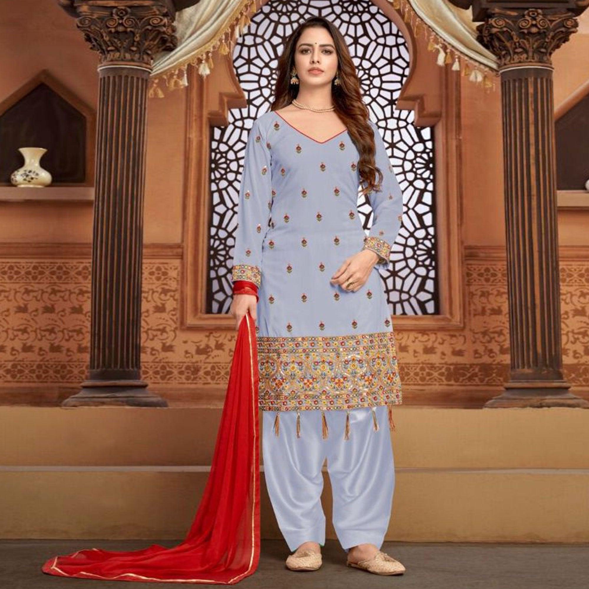 Peachmode Grey Partywear Embroidered Faux Georgette Patiala Suit