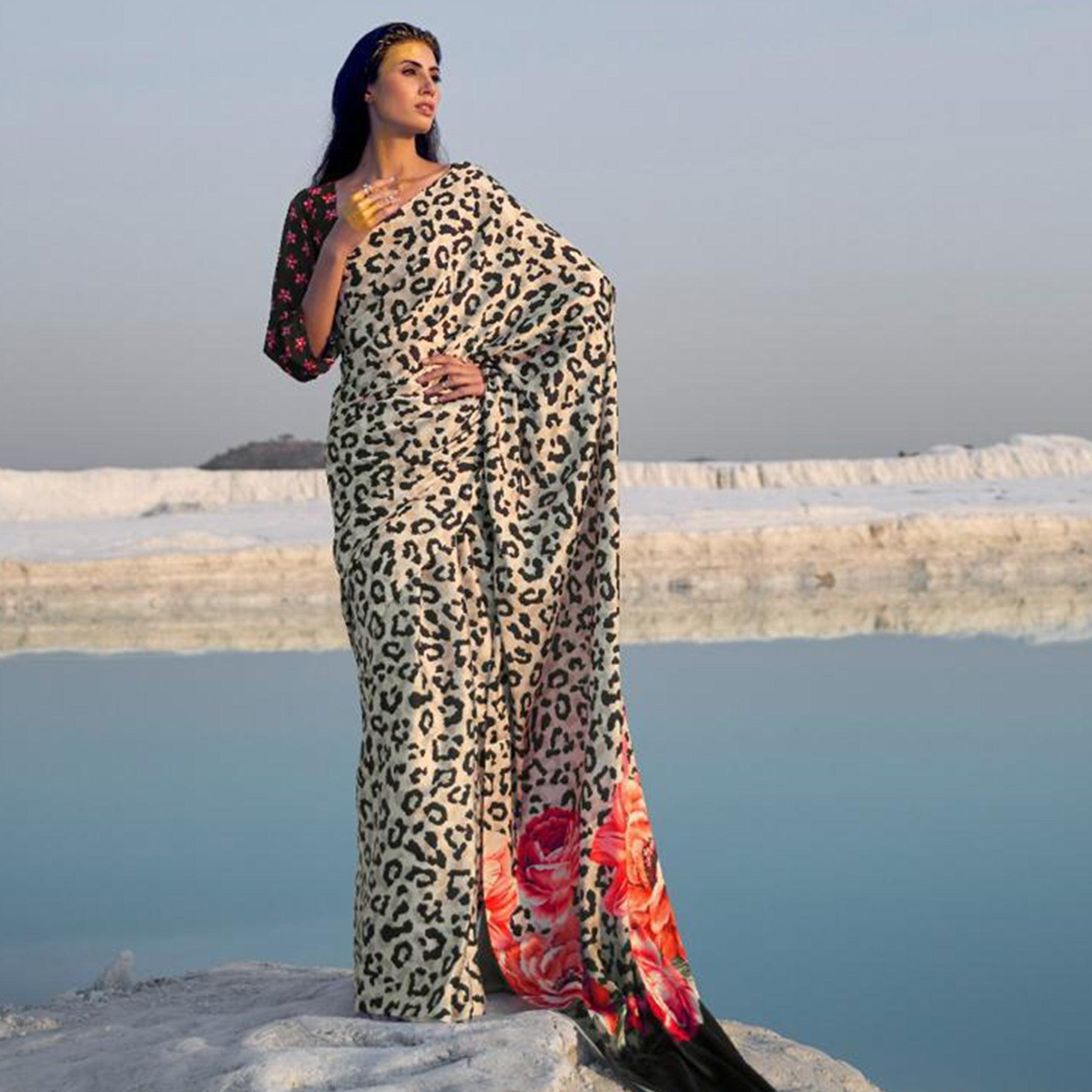 Peachmode Flamboyant Beige -Black Colored Partywear Digital Printed Japan Satin Crepe Saree