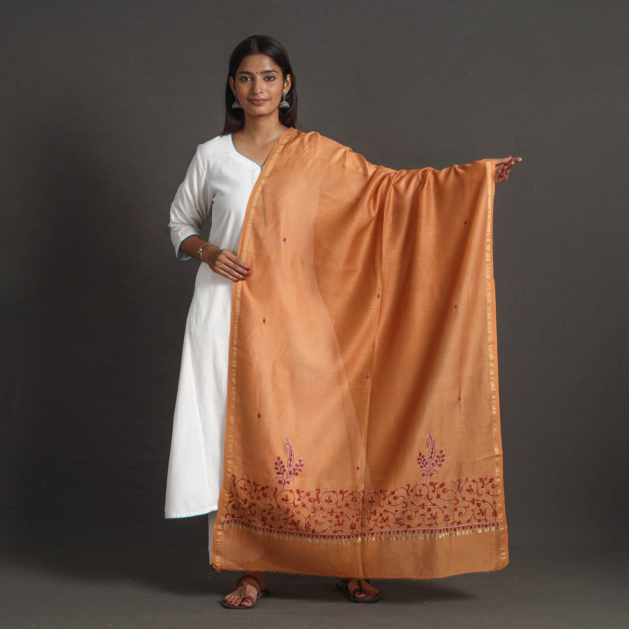 ITOKRI CRAFTS INITIATIVE Orange - Handloom Chanderi Silk Kashida Embroidery Dupatta 27