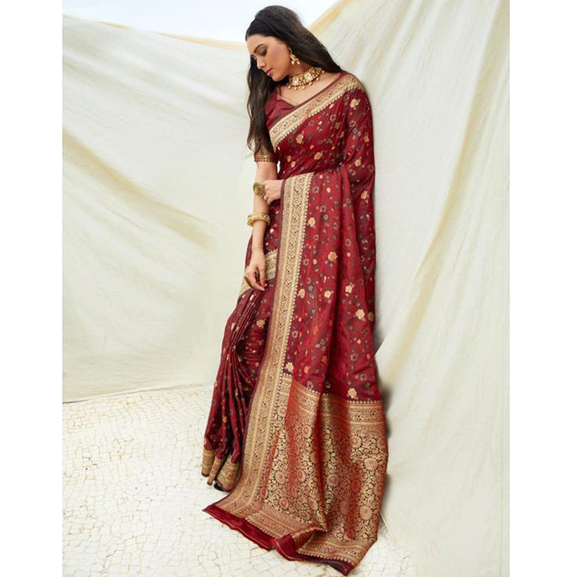 Peachmode Eye-catching Maroon Coloured Partywear Printed Silk Saree - view 3