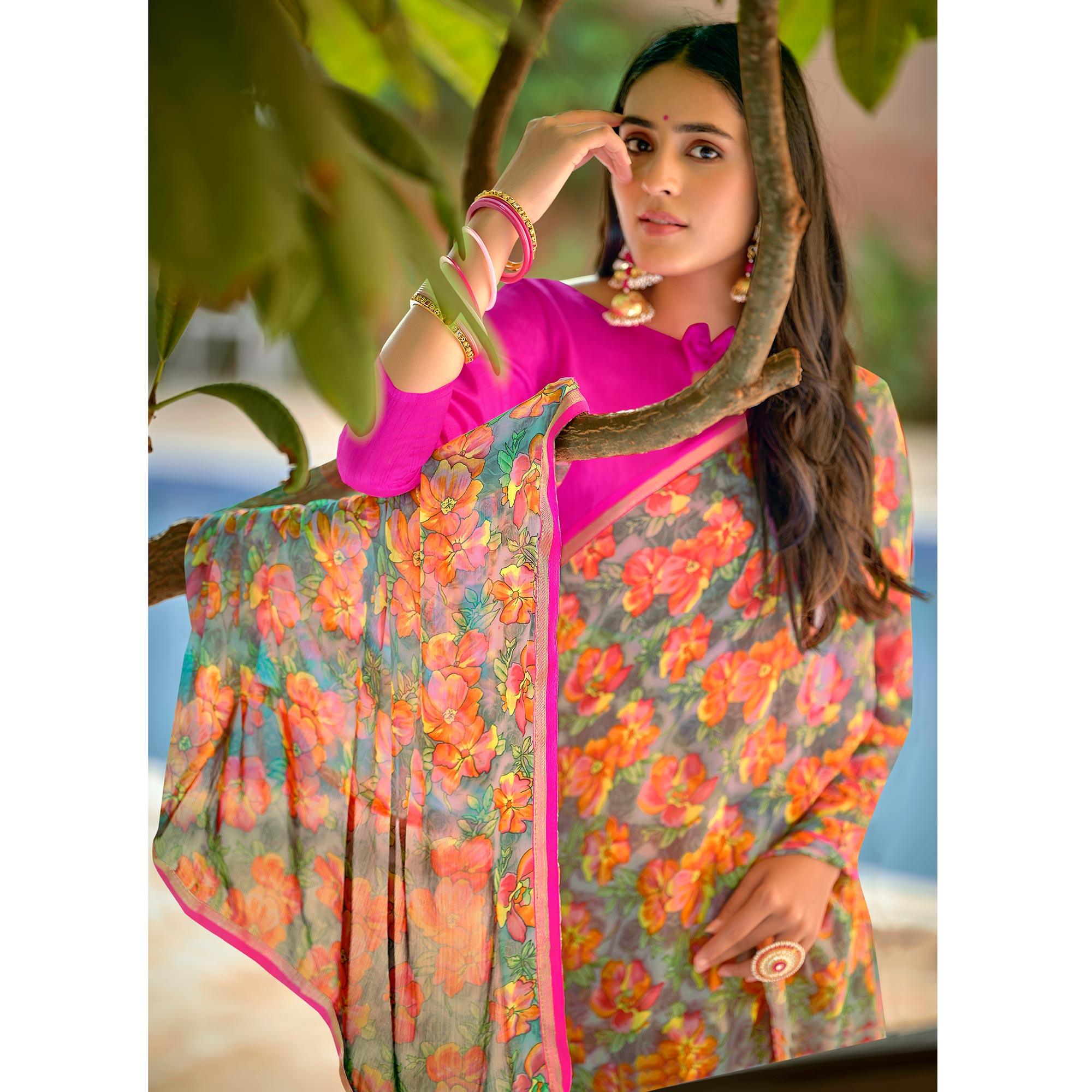 Peachmode Multicolor Casual Wear Floral Printed Chiffon Saree - view 3
