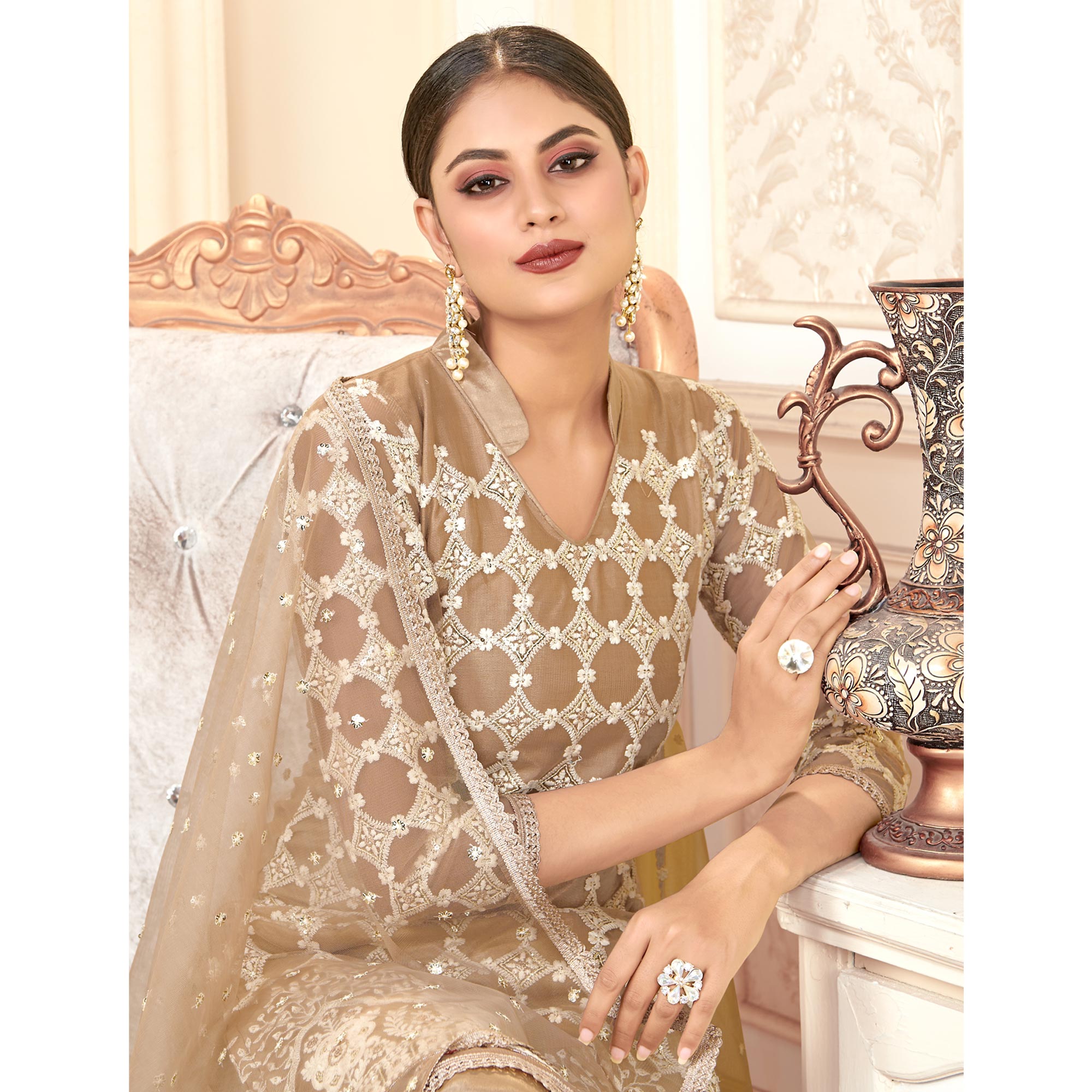 Peachmode Brown Sequins Embroidered Net Semi Stitched Suit - view 5
