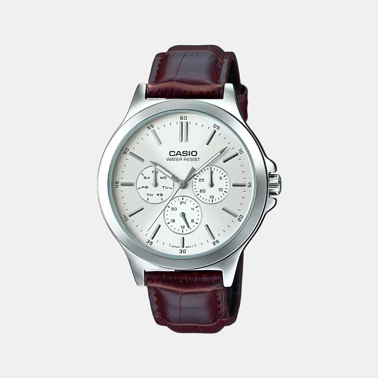 Casio Enticer Men Quartz White Dial Multi-Function Leather Watch A1177