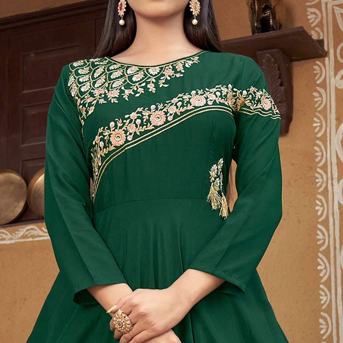 Peachmode Seller Bottle Green Floral Embroidered Muslin Gown - view 2