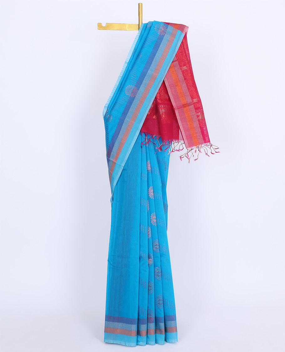 Pothys Blue silk cotton saree with buttas, contrast striped border & pallu of floral designs