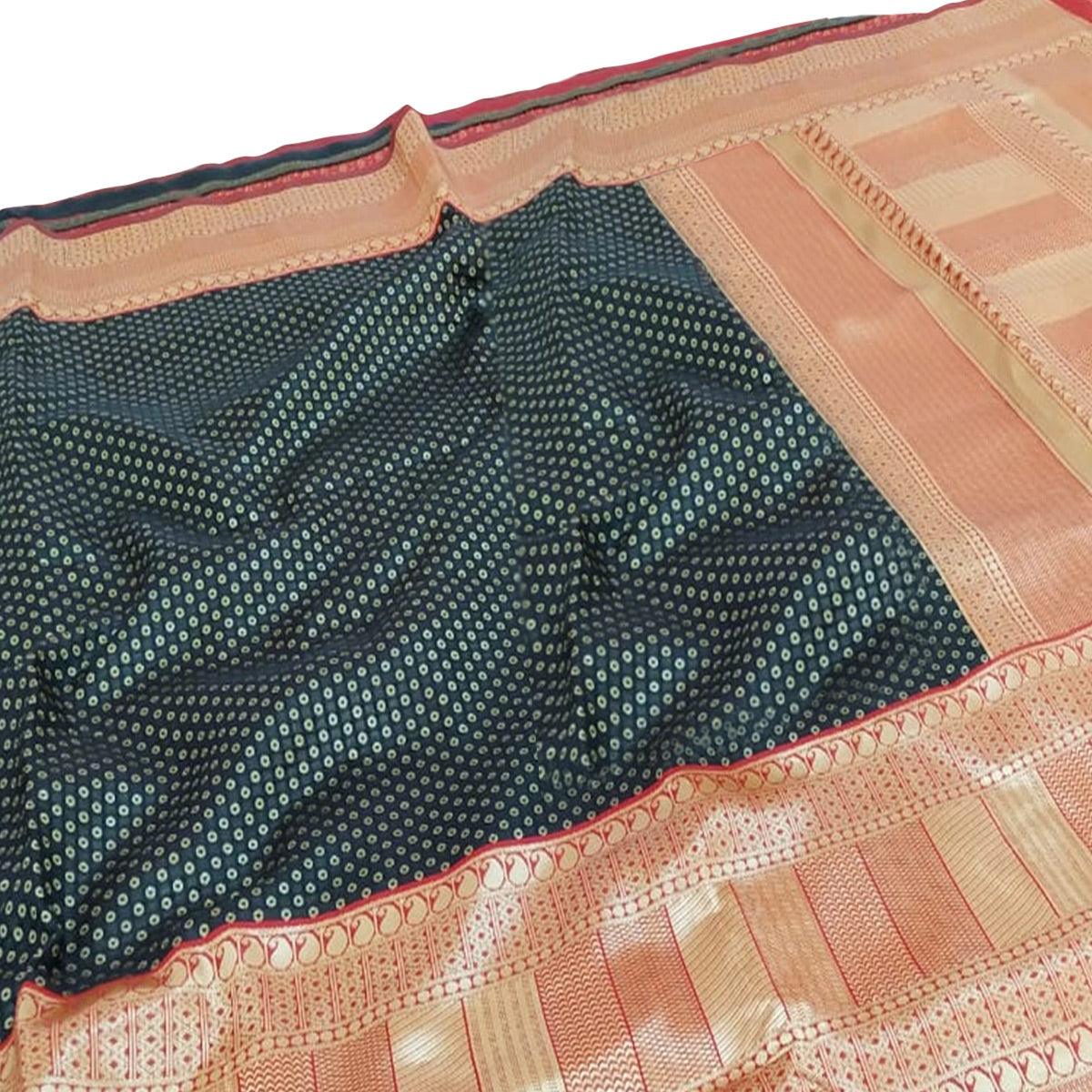 Peachmode Intricate Teal Blue Colored Fetive Wear Woven Heavy Banarasi Silk Saree - view 3