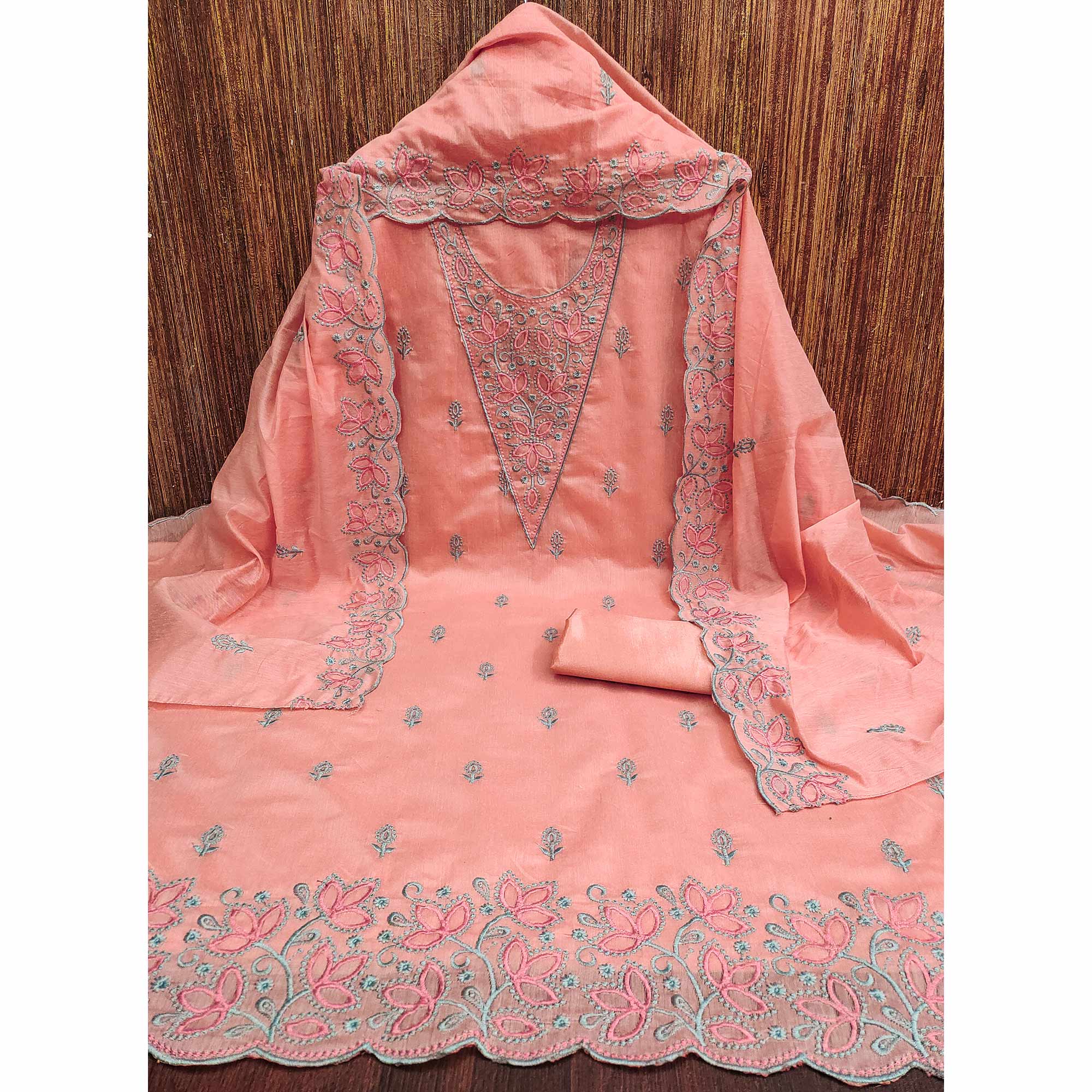 Peachmode Dark Peach Floral Embroidered Chanderi Dress Material - view 4