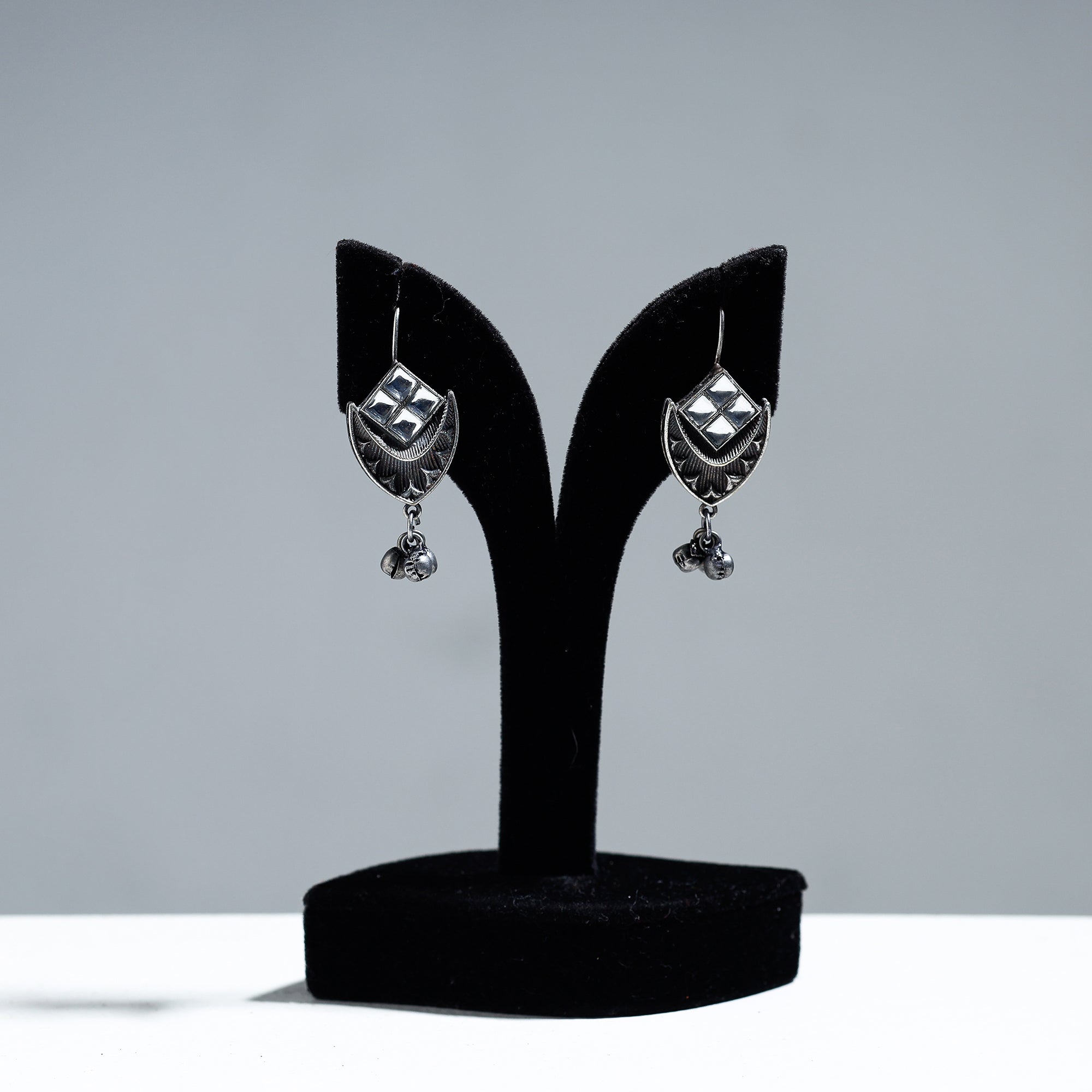 WHITE RIVER STORIES Antique Silver Finish Oxidised Brass Base Stone Work Earrings