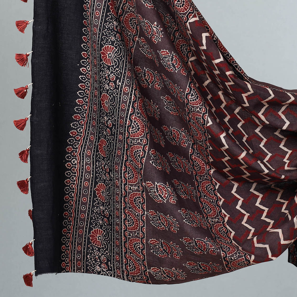 AJRAKH BY JABBAR KHATRI Black - 3pc Ajrakh Block Printed Cotton Suit Material Set - view 4