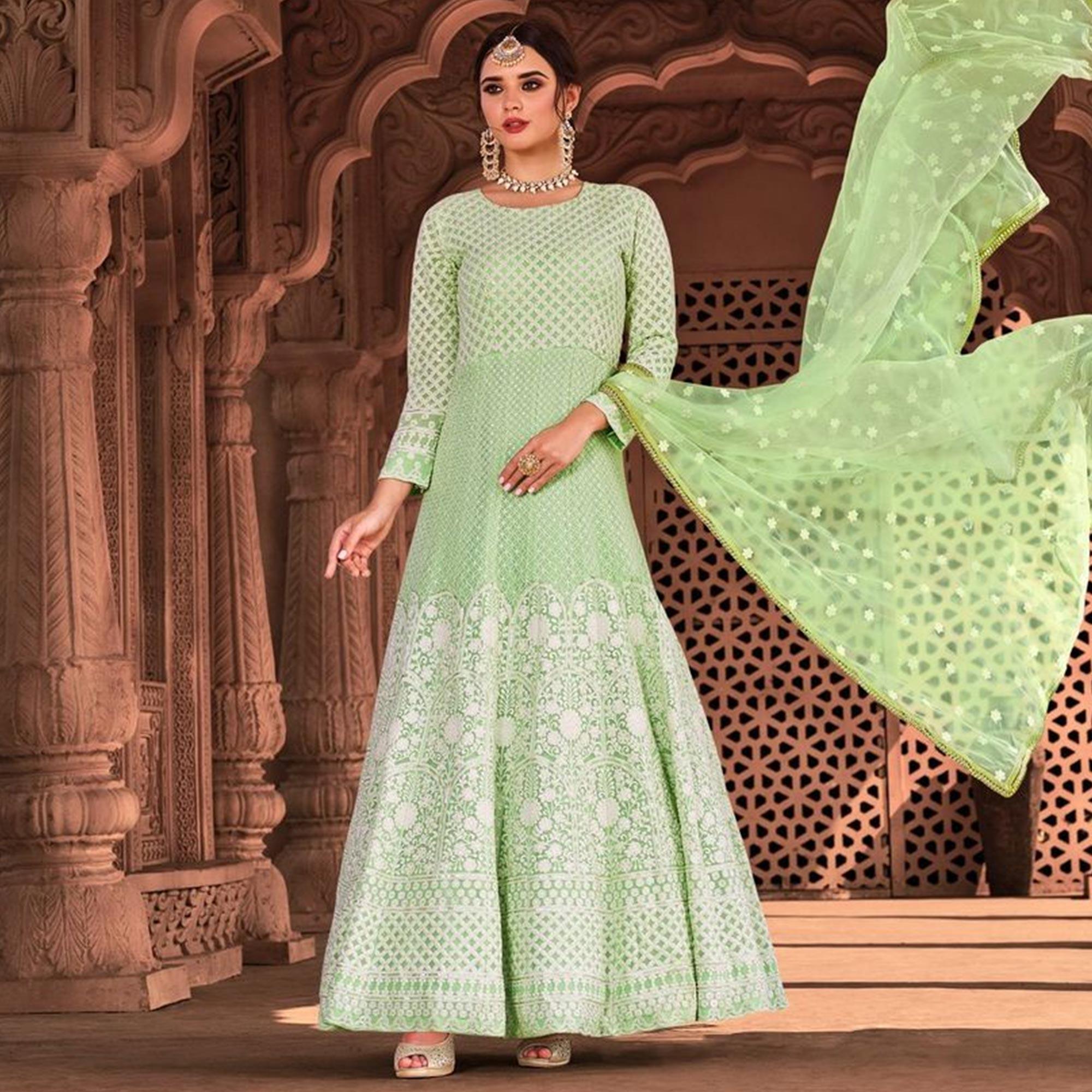 Peachmode Seller Exotic Light Green Colored Partywear Embroidered Pure Viscose Georgette Anarkali Suit