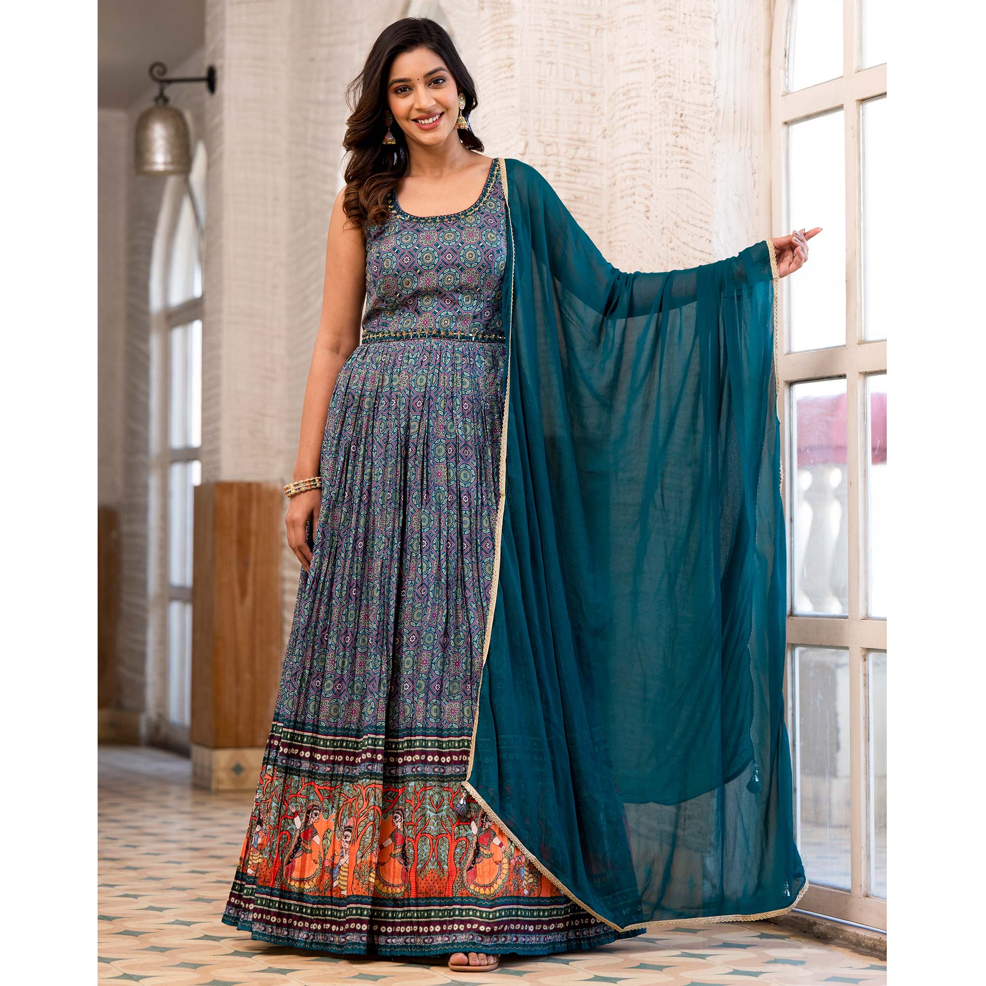 Peachmode Seller Morpich Blue Printed Dola Silk Anarkali Style Gown With Mirror Work - view 4