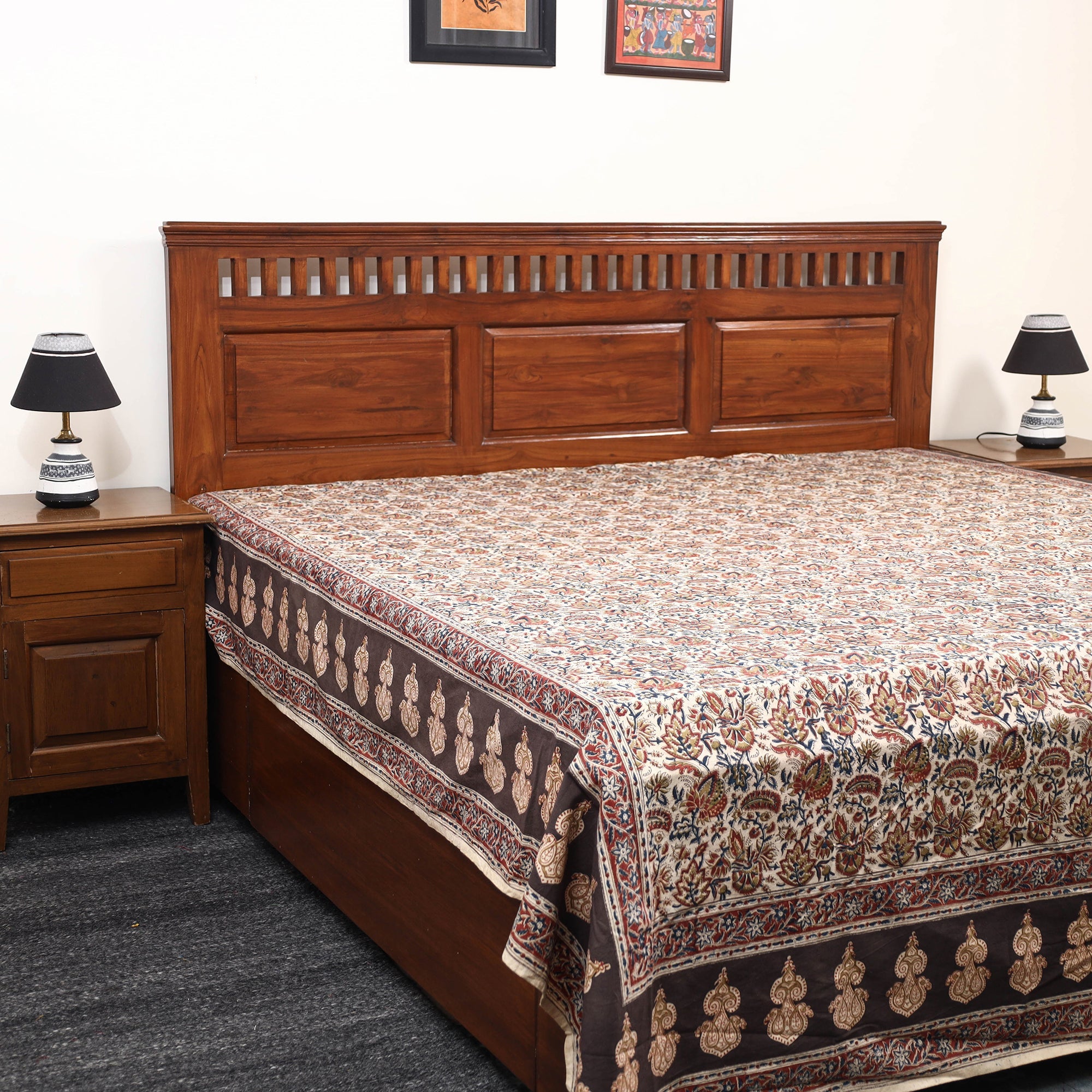 PITCHUKA SRINIVAS KALAMKARI PEDANA Beige - Pedana Kalamkari Block Printed Cotton Double Bed Cover (111 x 91 in) 19