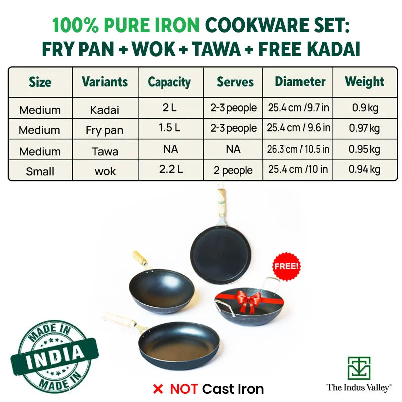 The Indus Valley 100% Pure Iron Cookware Set: Free ₹799 Kadai+ Tawa+ Fry Pan+ Wok, Toxin-free Sheet Iron, Pre-seasoned, Induction & Gas, Kitchen Set f - view 3