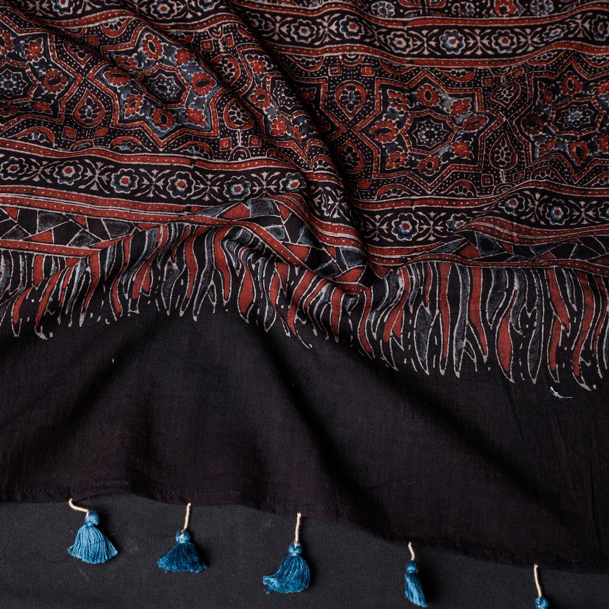AJRAKH BY JABBAR KHATRI Black - Ajrakh Block Printed Mul Cotton Stole with Tassels - view 2