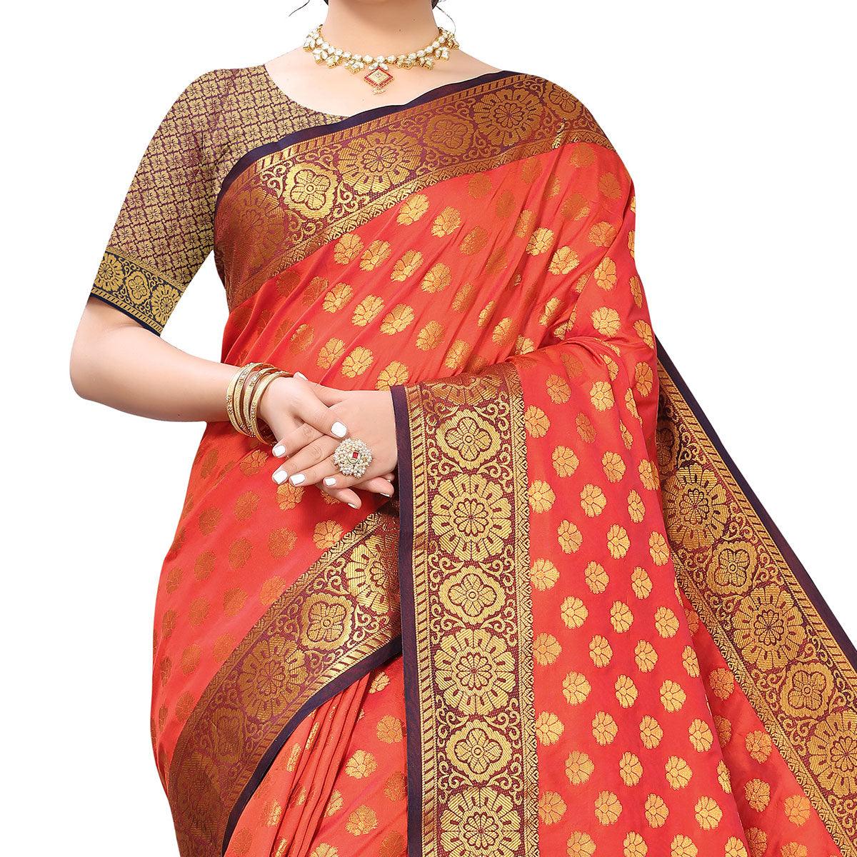 Peachmode Dark Orange Festive Wear Jari Woven Heavy Silk Saree - view 2