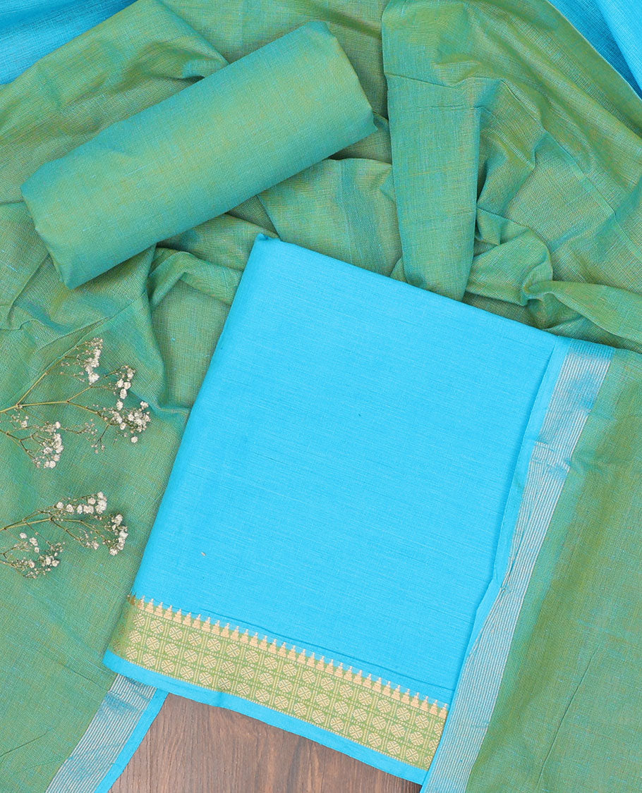 Pothys Blue chudidhar material set, traditional border top, contrast solid bottom & zari strip border dupatta