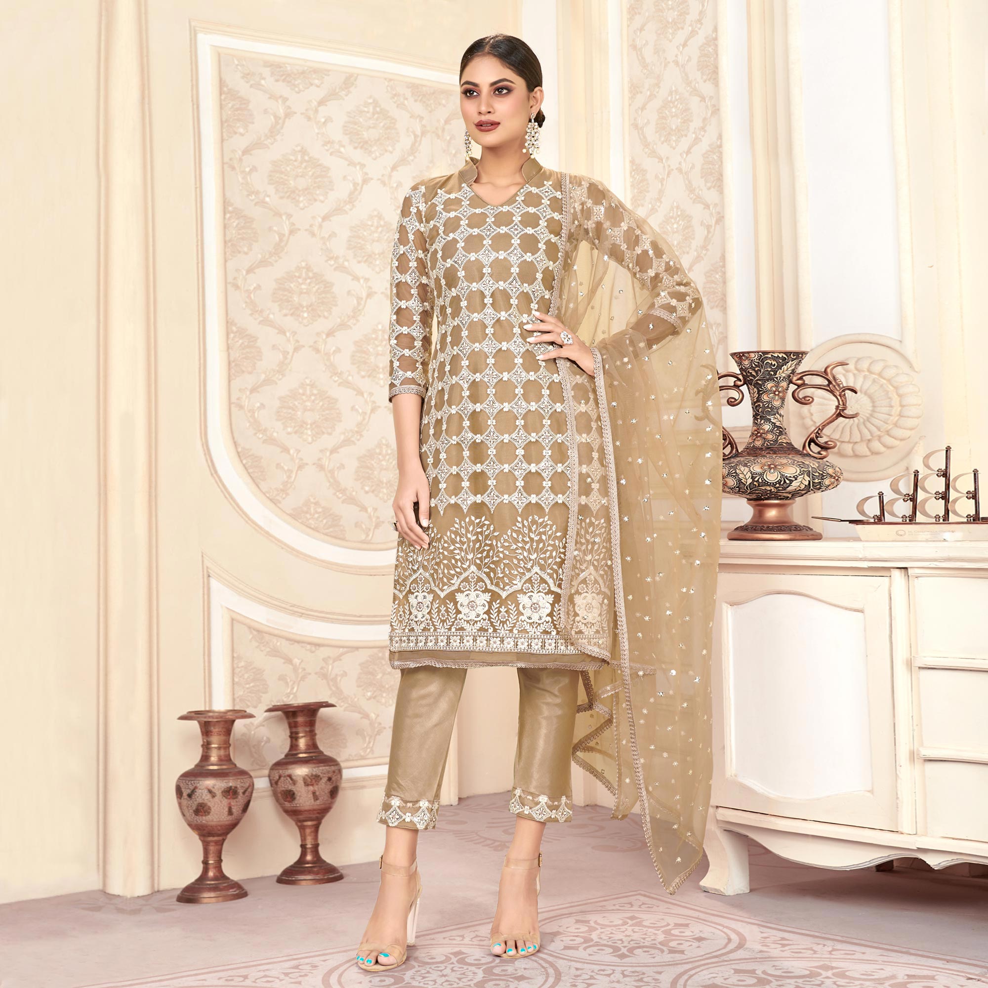 Peachmode Brown Sequins Embroidered Net Semi Stitched Suit - view 2