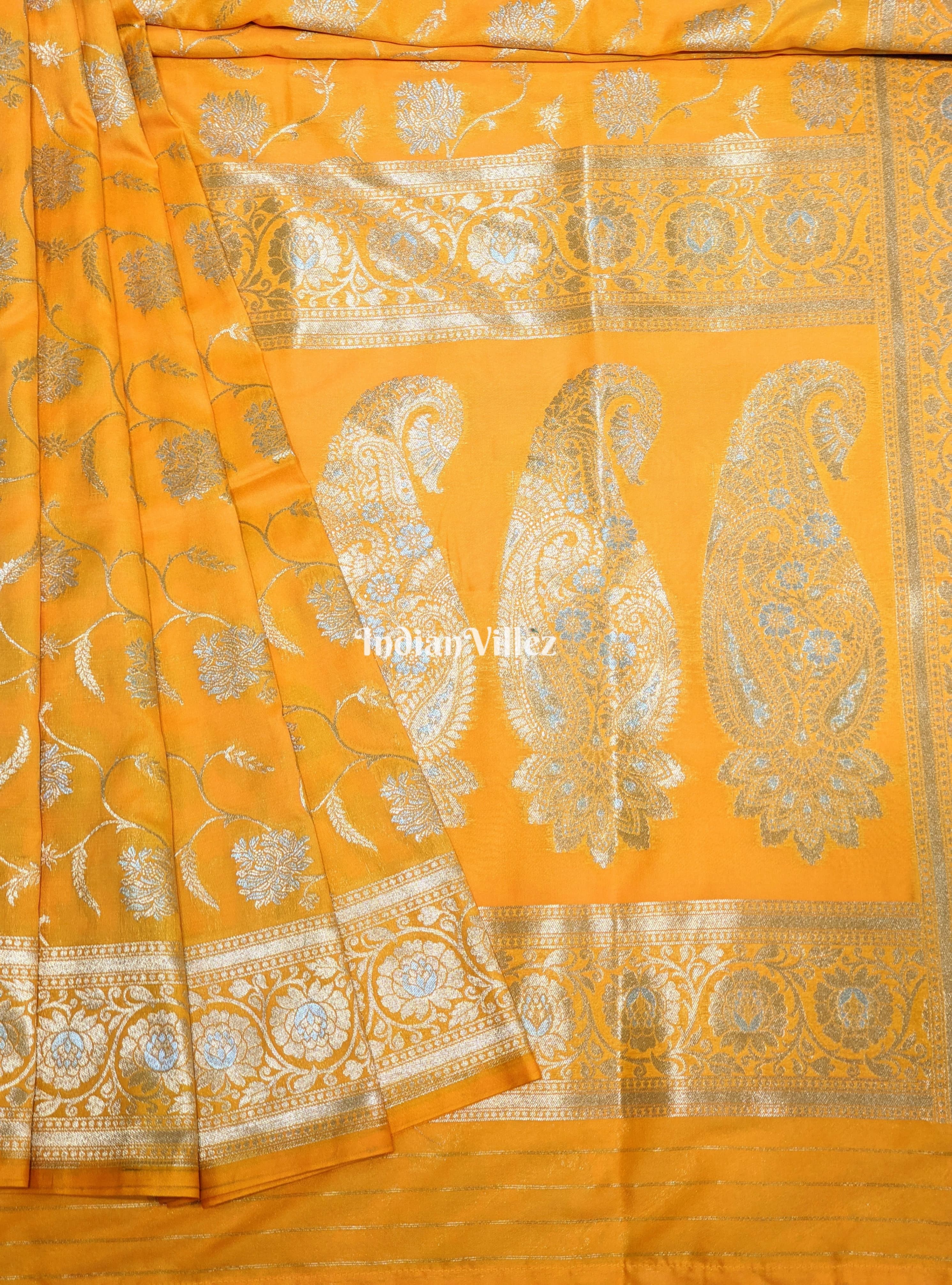 IndianVillèz Yellow Floral Design Pure Banarasi Katan Saree