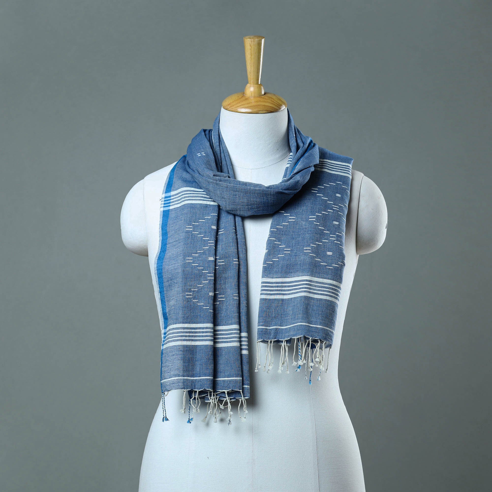 KHUSHBASH - HAPPY LOOM OF EAST Blue - Burdwan Jamdani Cotton Handloom Stole with Tassels 28