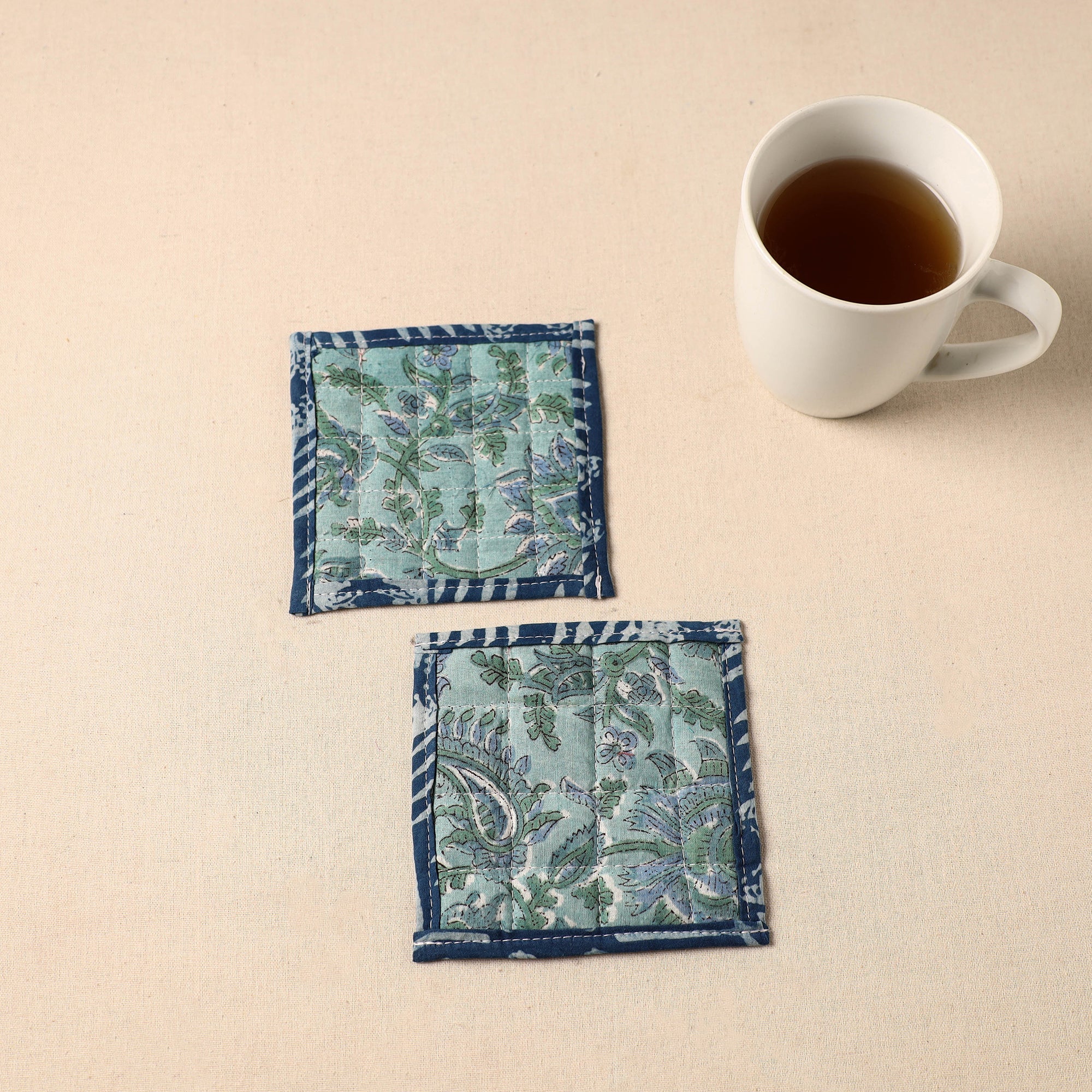 JALPARI Blue - Floral Print Cotton Quilted Coasters (Set of 2) 02