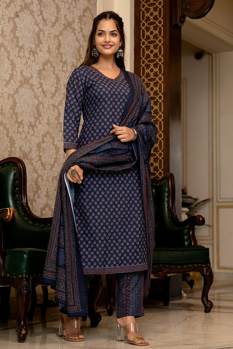 Ahika Navy Blue Rayon Blend Ajrakh Printed Straight Trouser Suit Set PKSKD2647 - view 7