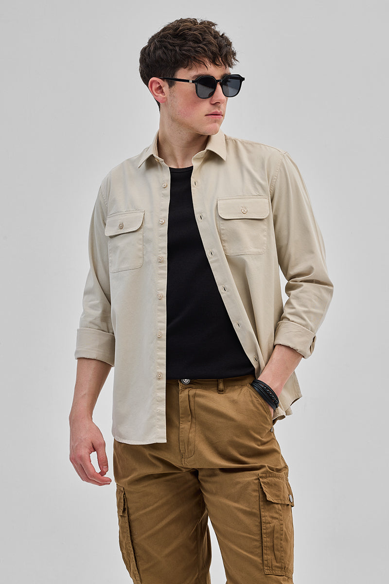 SNITCH Beige Solid Double Pocket Overshirt