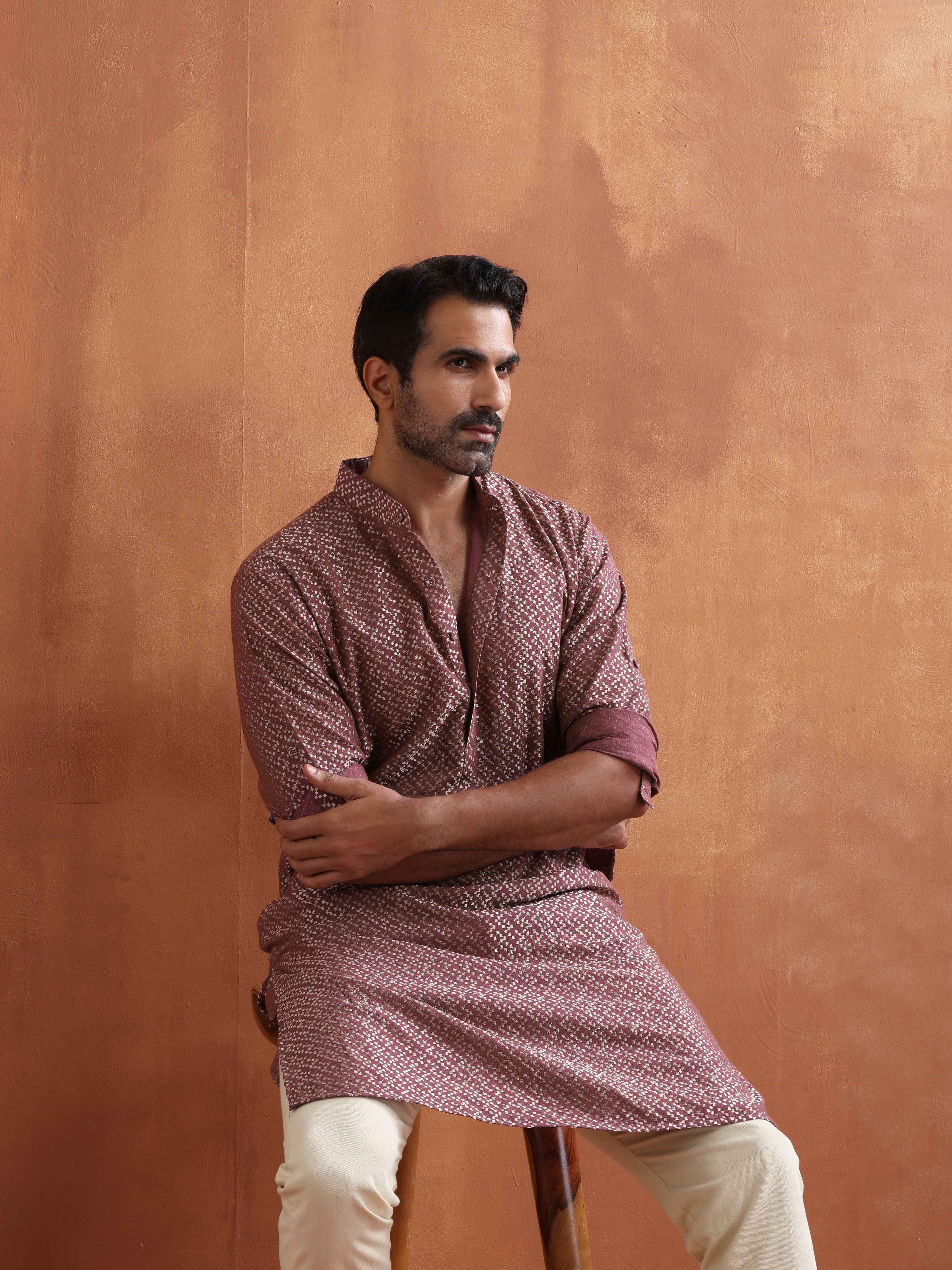 trueBrowns Men's Purple Cotton Dobby Kurta - view 6