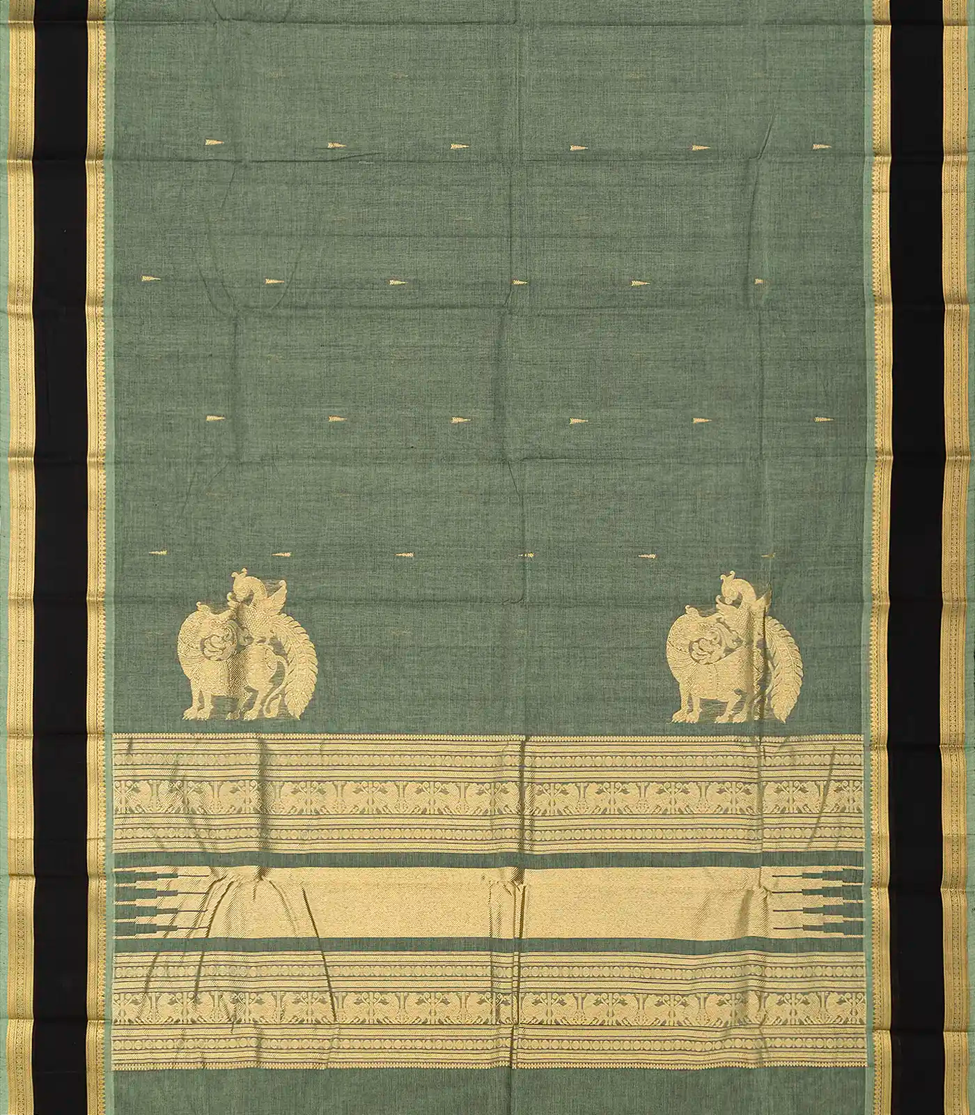 RmKV Shadow Green Handloom Kanchi Cotton Saree With Tree Buttas & Black Border - view 2