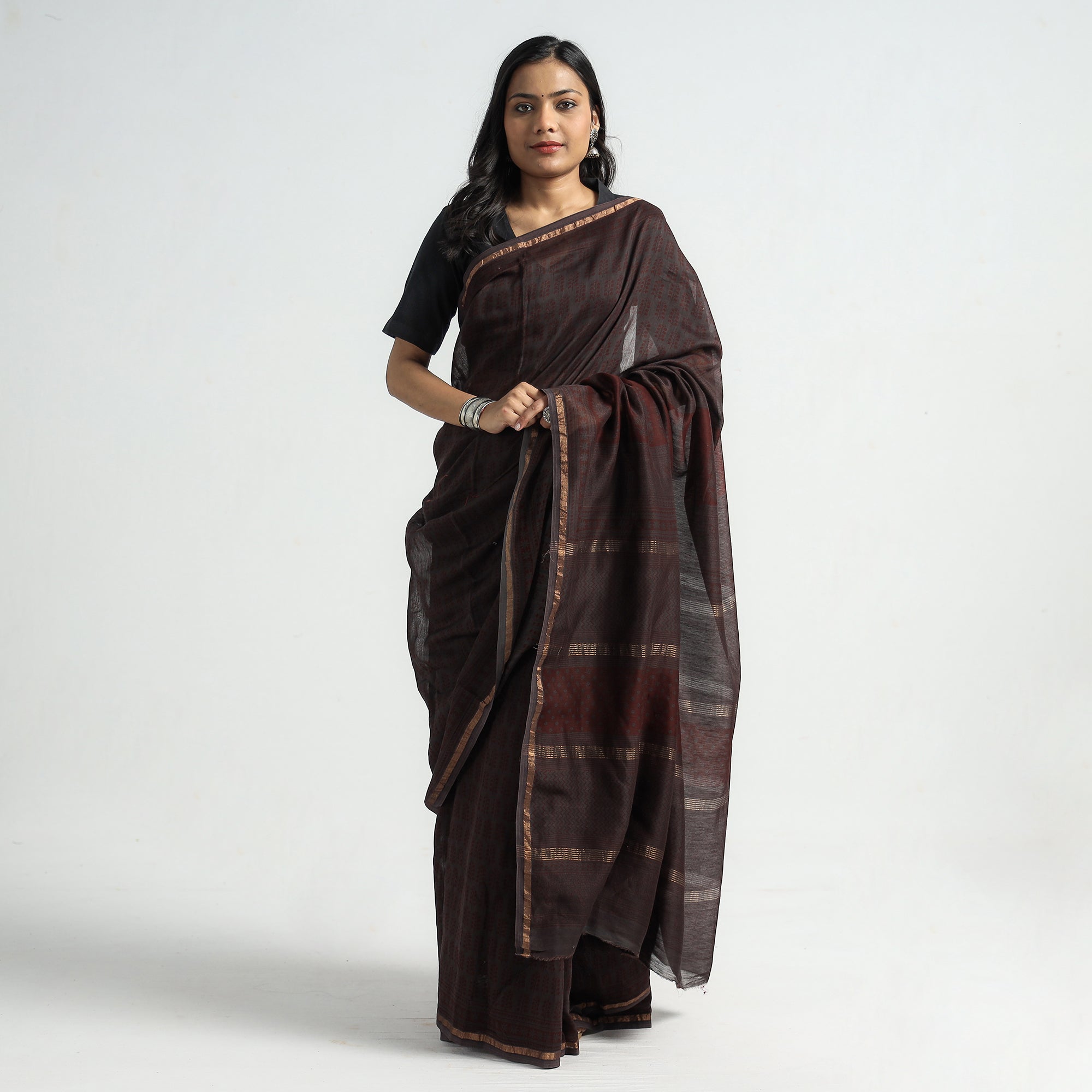 BAGH PRINTS BY MOHAMMED BILAL KHATRI Brown - Bagh Hand Block Printed Natural Dyed Chanderi Silk Saree