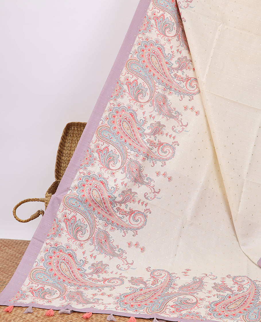 Pothys Cream mukesh print semi-banaras tussar saree with contrast plain border & paisley motifs pallu