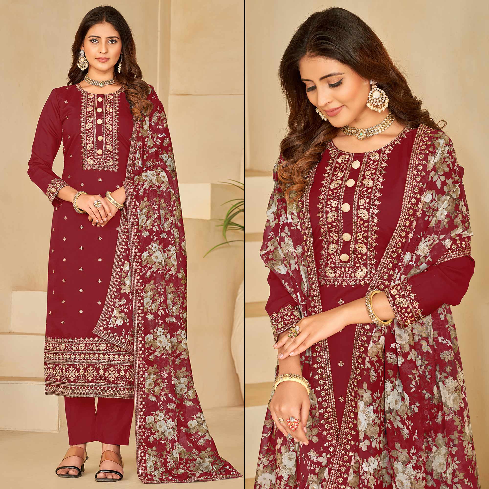 Peachmode Maroon Embroidered Pure Silk Semi Stitched Suit