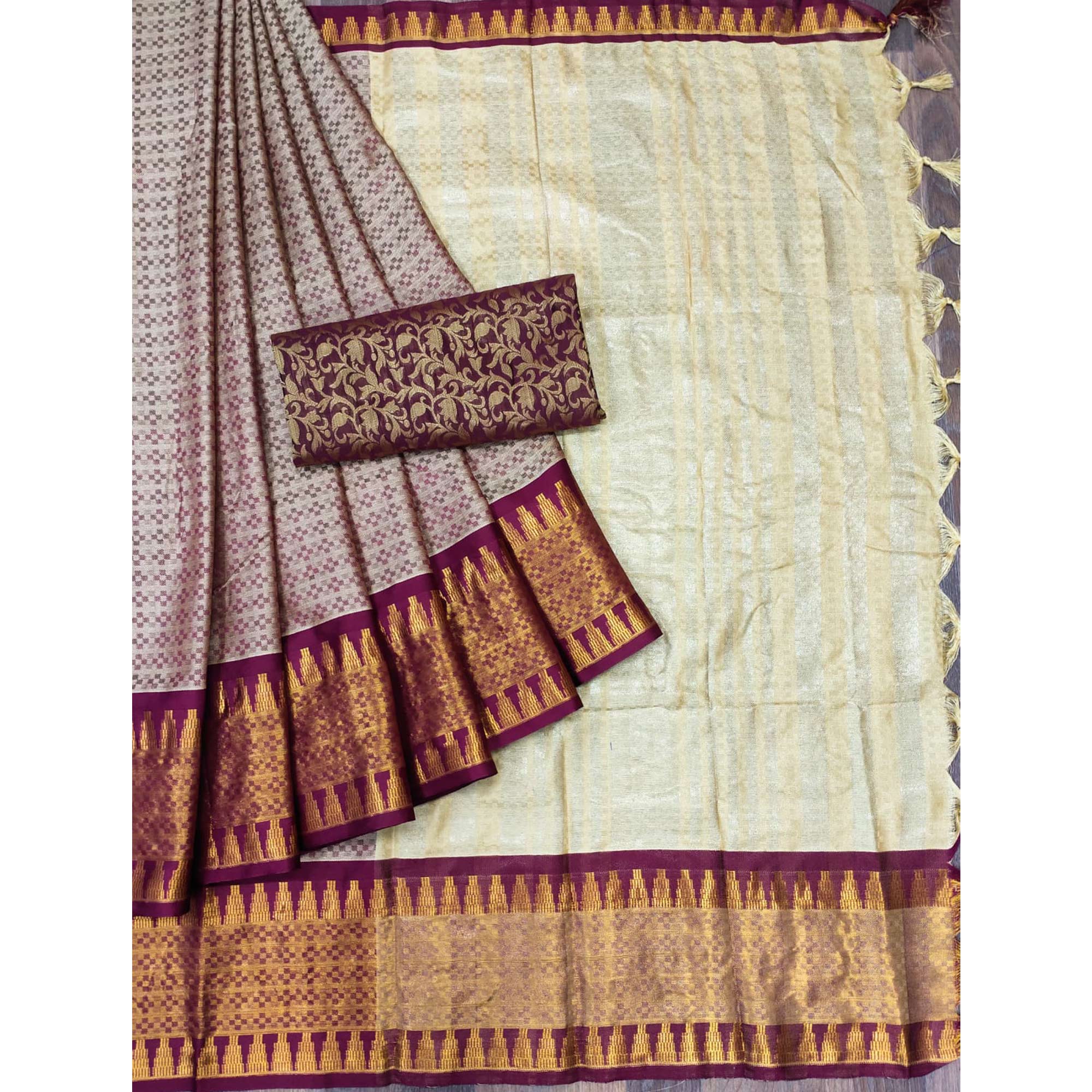 Peachmode Chikoo Woven Cotton Silk Saree With Tassels - view 3