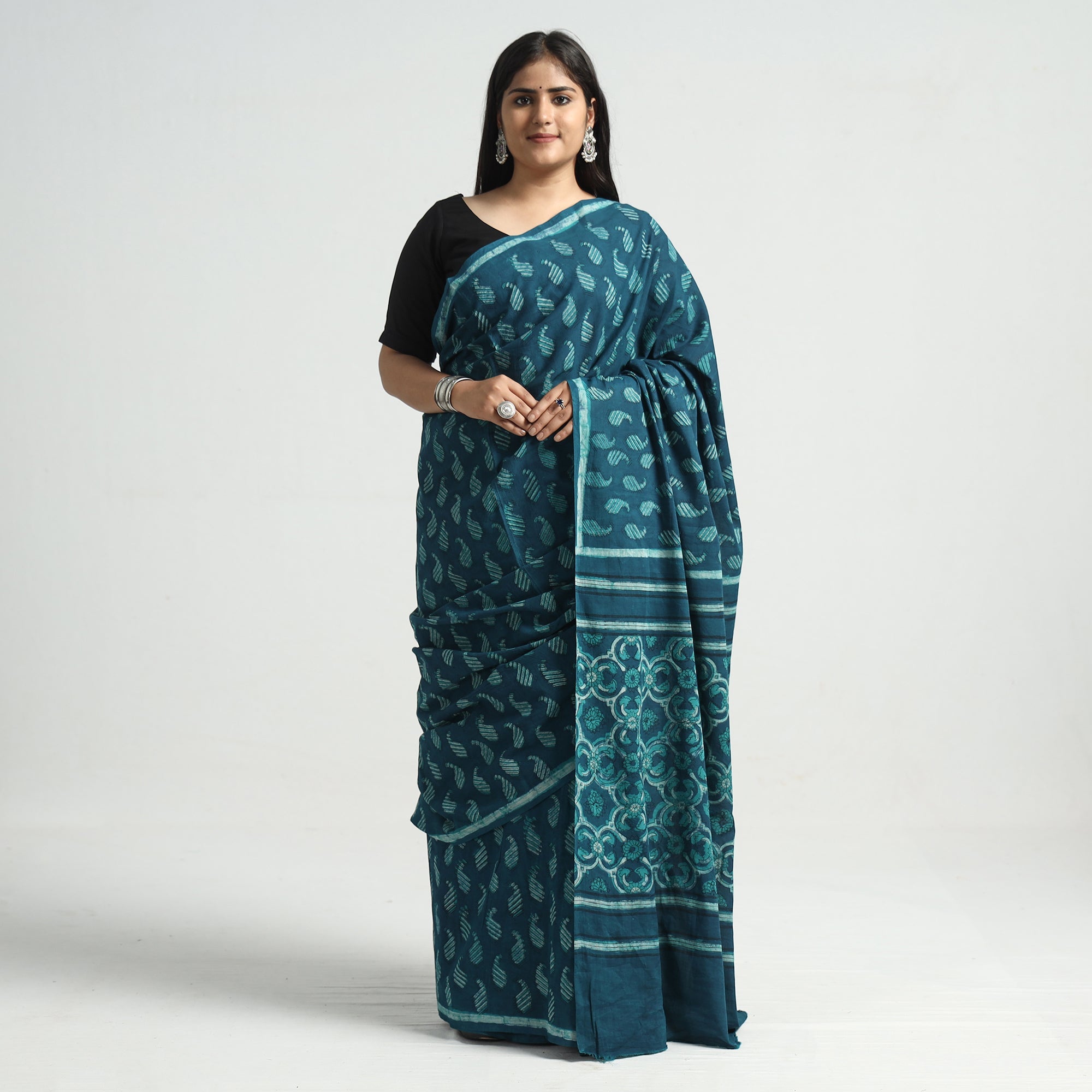 HAVELI CHRONICLES Blue - Akola Hand Block Printed Cotton Saree