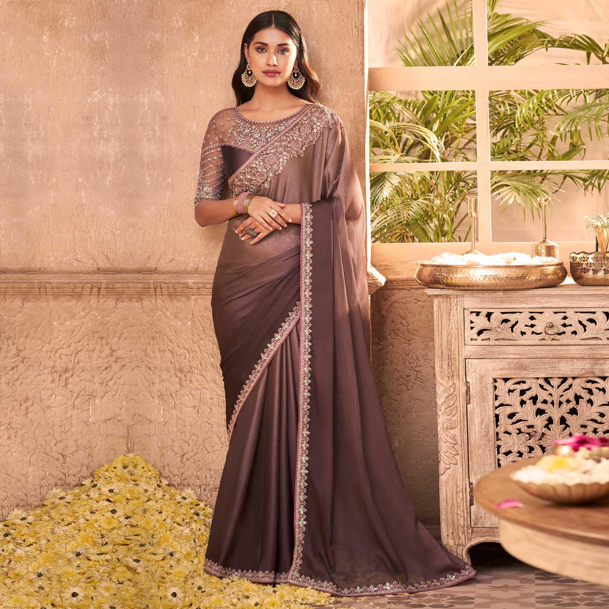 Peachmode Brown Nude Partywear Embroidered Silk Saree - view 3