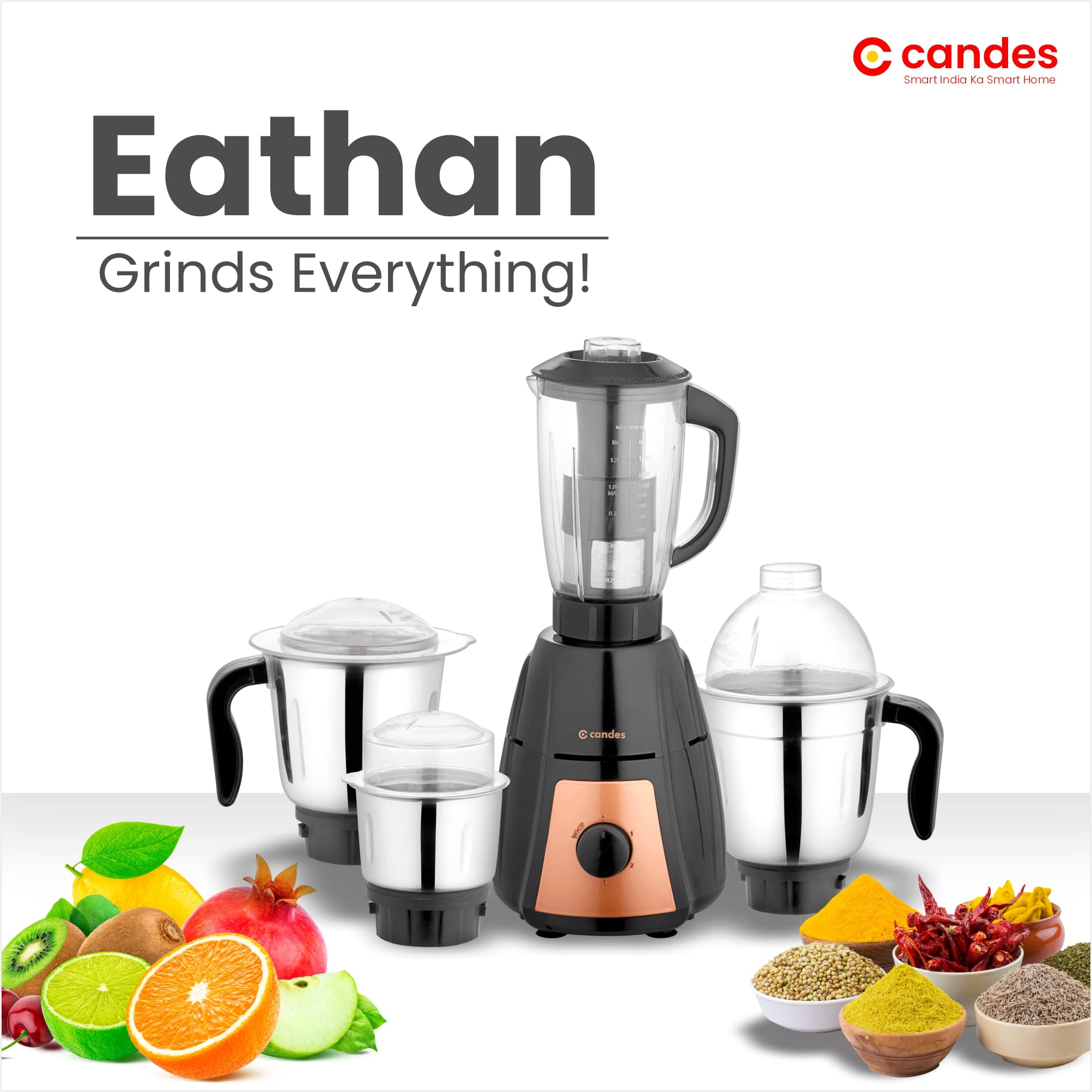 Candes Eathan 900 Watts Mixer Grinder with 4 Jars Powerful Motor with 2 Year Motor Warranty (Black, Gold) - view 2