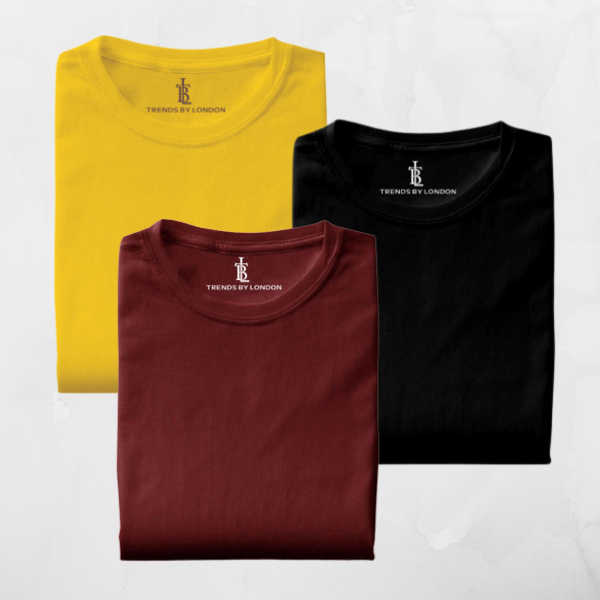 BlackTree Pack of 3 Half Sleeves T-Shirts for Men 180 GSM (Mustard, Black and Maroon)