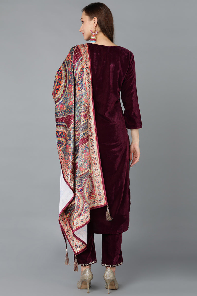 Ahika Burgundy Velvet Straight Kurta Pant With Dupatta PKSKD1766 - view 4