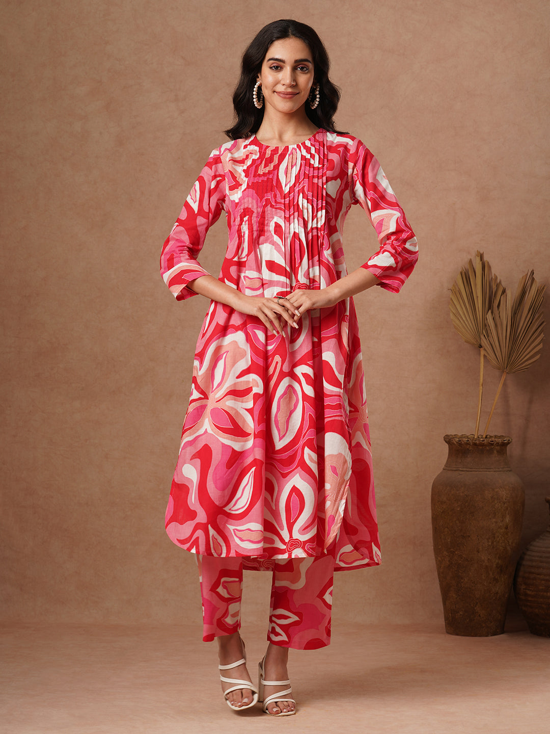 FASHOR Abstract Printed A-Line Pin Tucked Co-ord Set - Pink - view 3