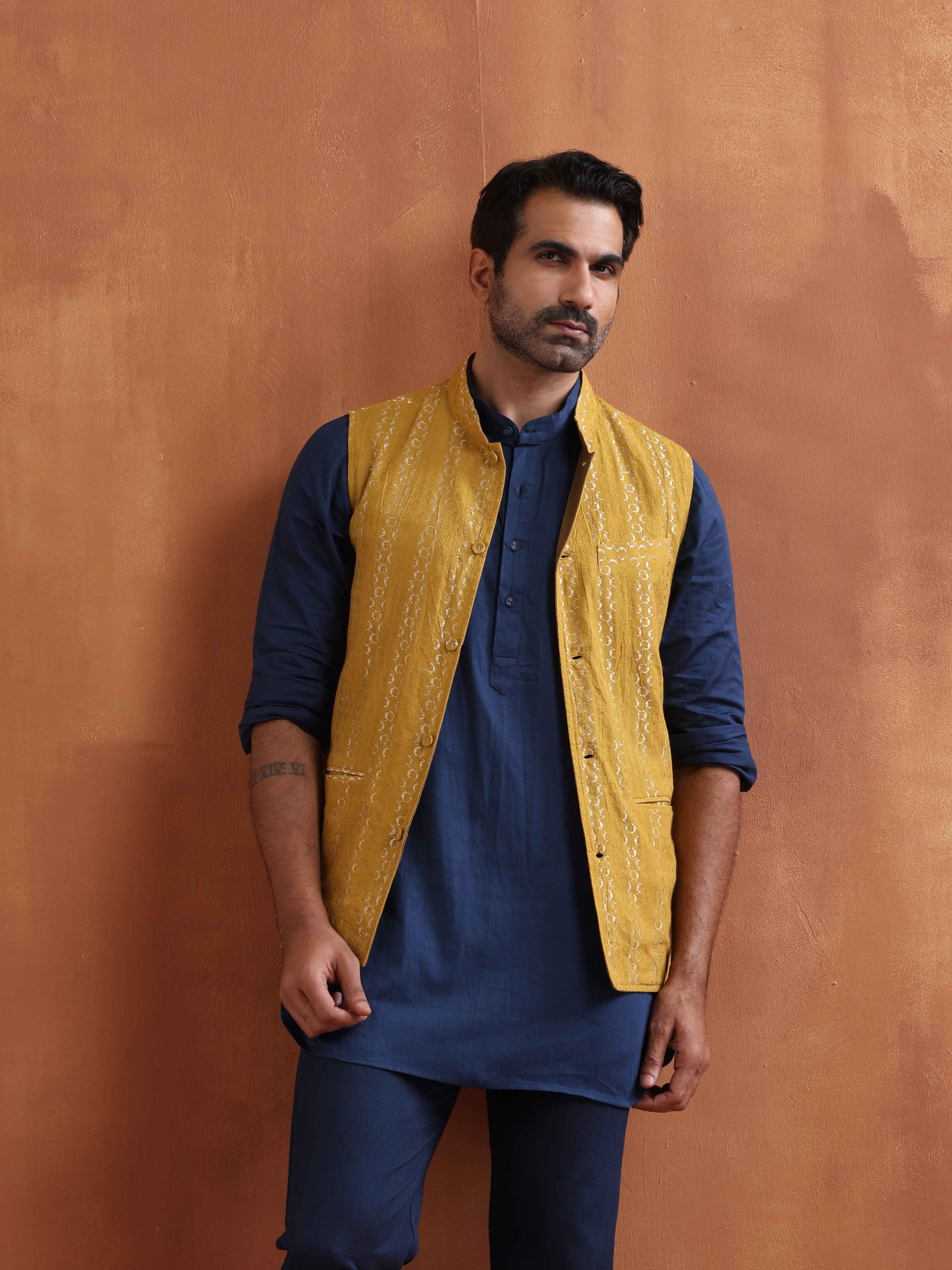 trueBrowns Men's Mustard Cotton Dobby Reversible Nehru Jacket - view 2