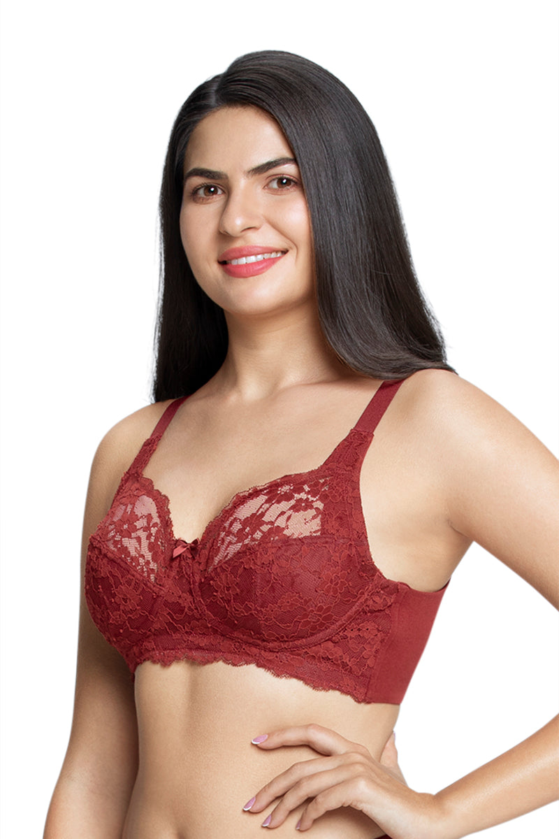 Amante Cotton Lace Support Non Padded Non-Wired Bra - Port Wine - view 3