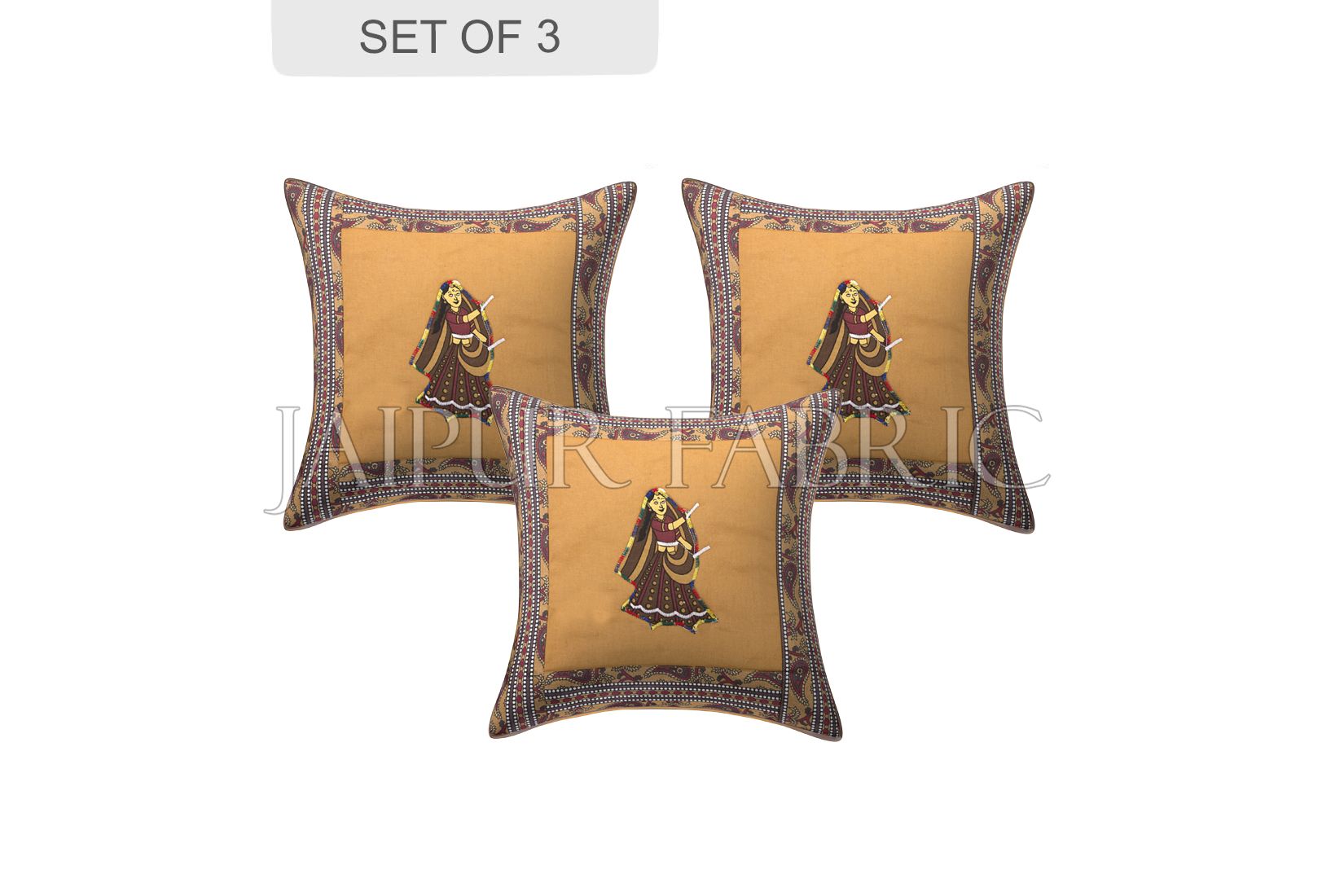 JaipurFabric® Brown Dance Design Patchwork & Applique Cushion Cover - view 2