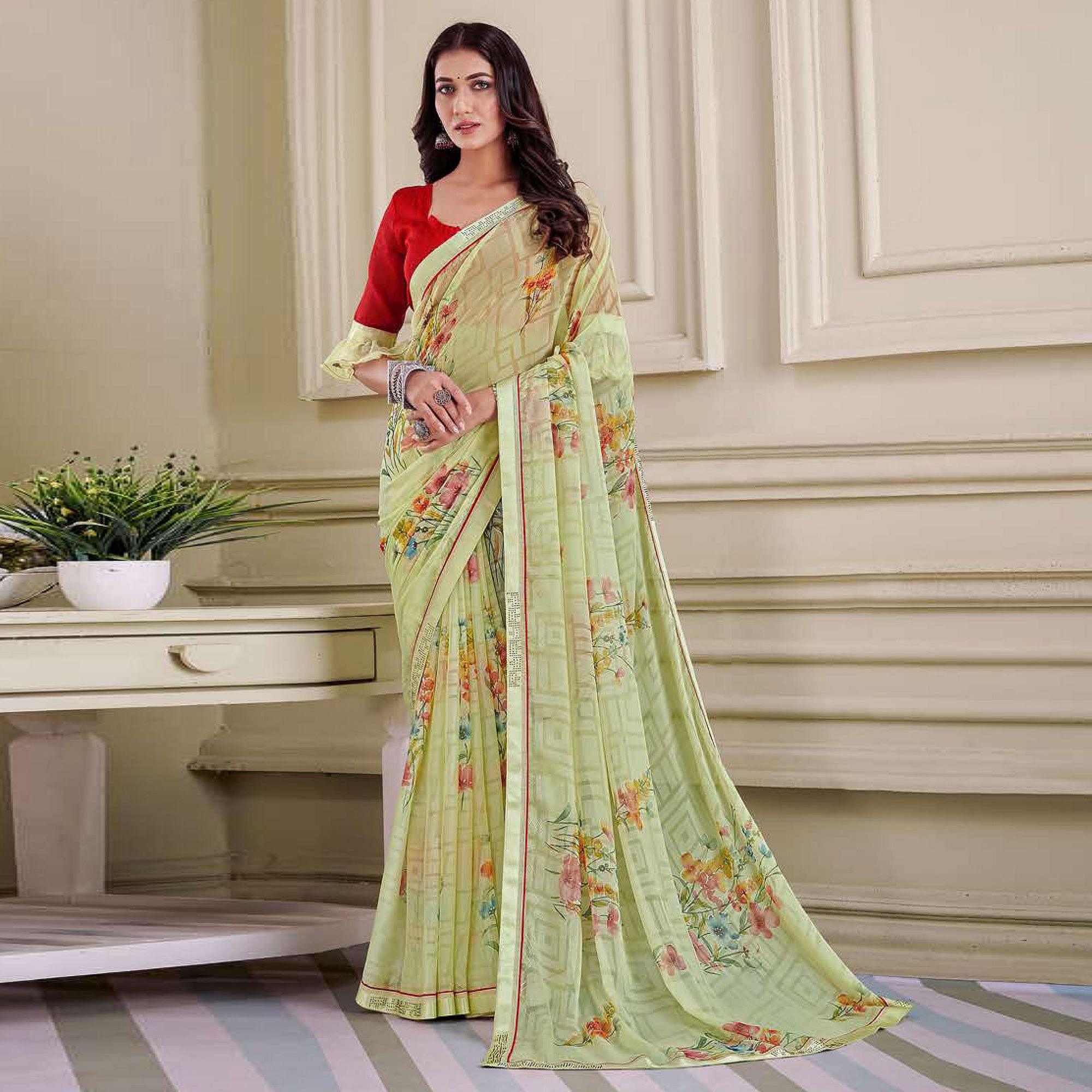 Green sarees – BlackTree green-floral-printed-brasso-saree-143725