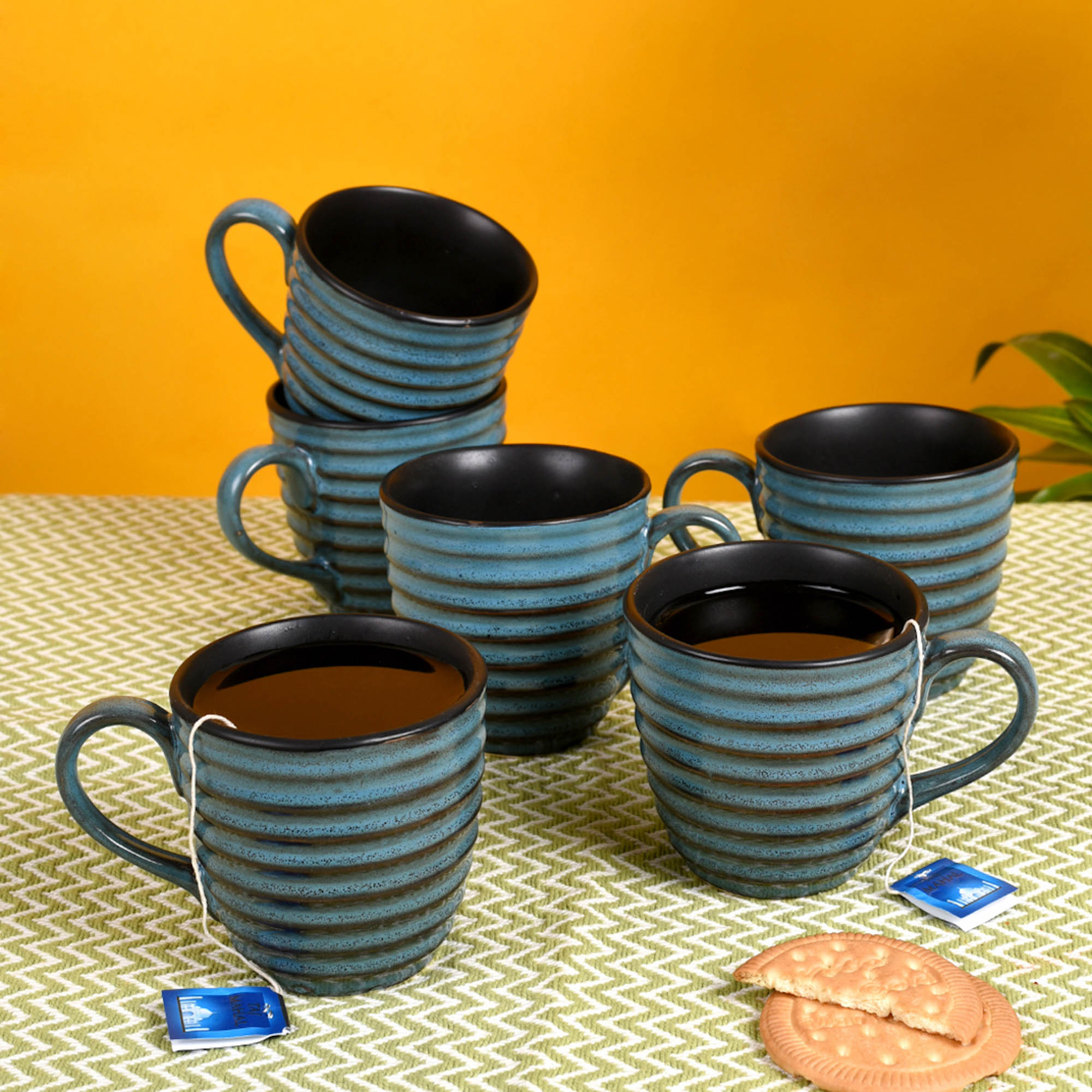 ART CREATIONS BY SUMAN SONTHALIA Blue - Cup Ceramic (Set of 6) (4x3x3)